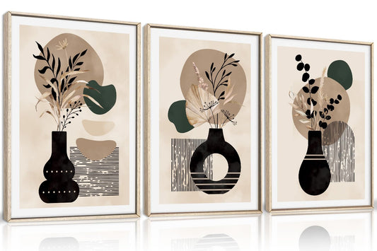 HOURIA Boho Wabi Sabi Mid Century Black Vase Framed Canvas Wall Art Set,Vintage Abstract Geometric Lines Decor,Modern Minimalist Neutral Leaf Botanical Artwork for Living Room,Farmhouse- 16"x24"x3