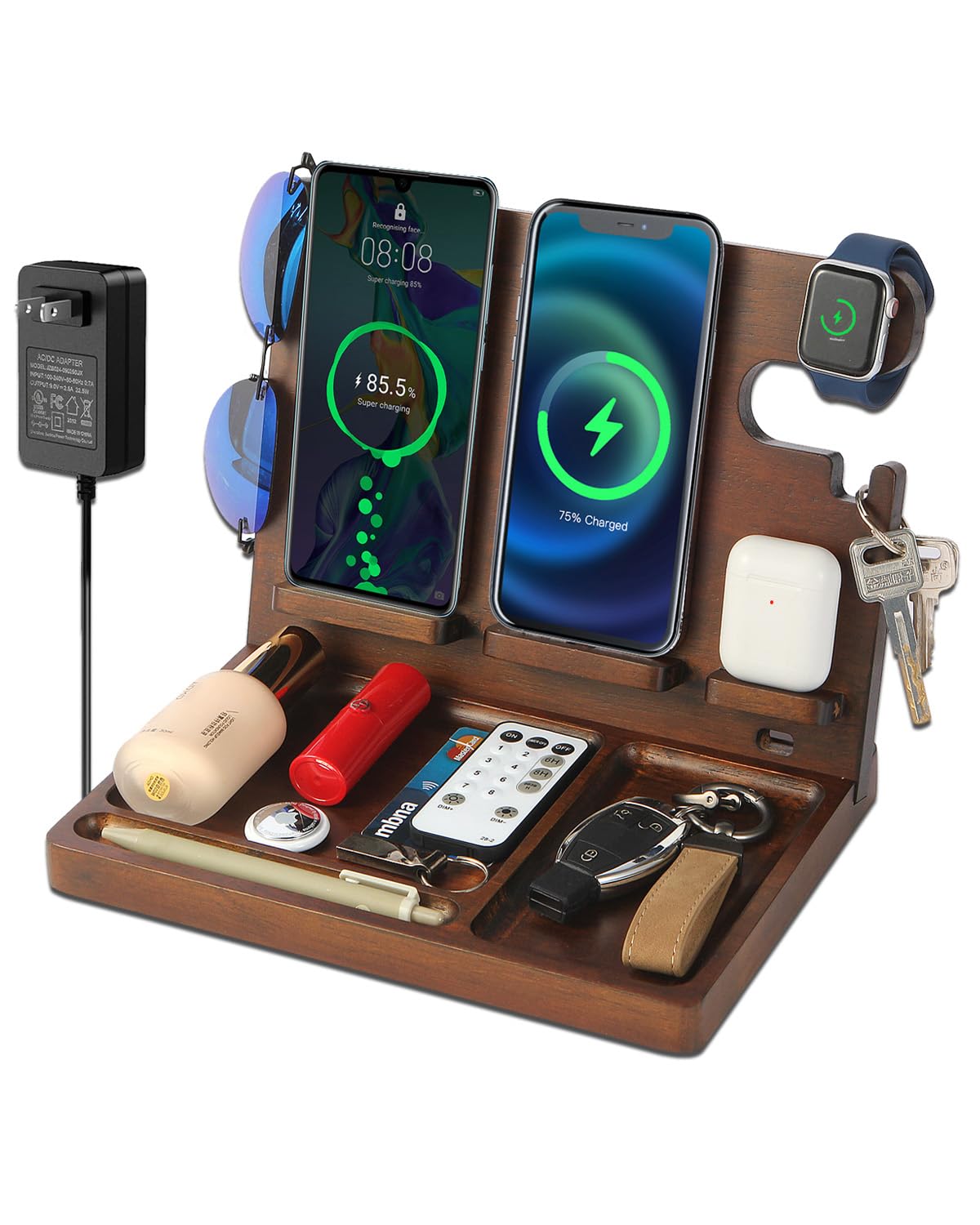 Xunhomon Wireless Charging Station,Wood Phone Docking Station for Men,Nightstand Organizer Charging Station with 4 Wireless Charger Fast Charging for iPhone/Samsung/Apple Watch/Earbuds,Gifts for Men