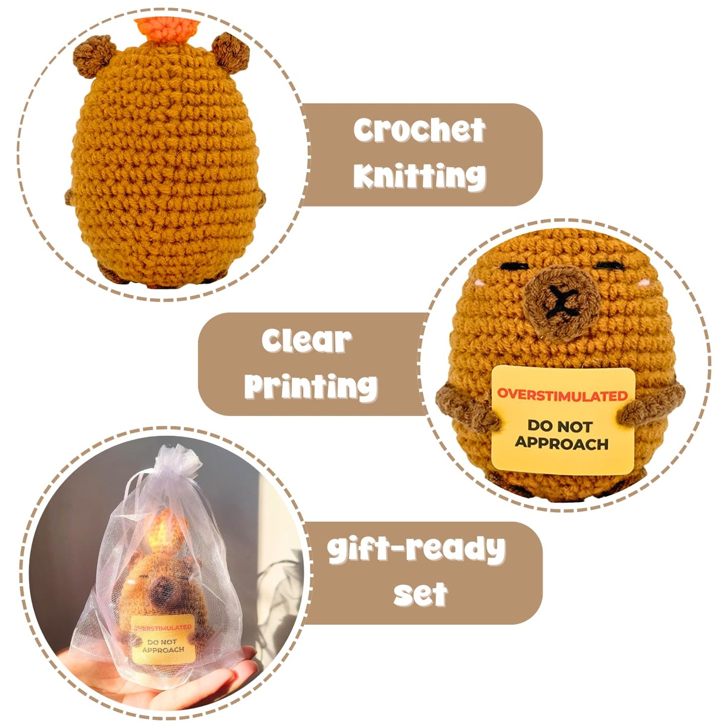 Overstimulated Do Not Approach Desk Sign, Handmade Crochet Capybara Plush with Card, Mini Desk Decor with Wooden Stand, Gift-Ready Organza Bag, Funny Office Cubicle & Home Office Gift