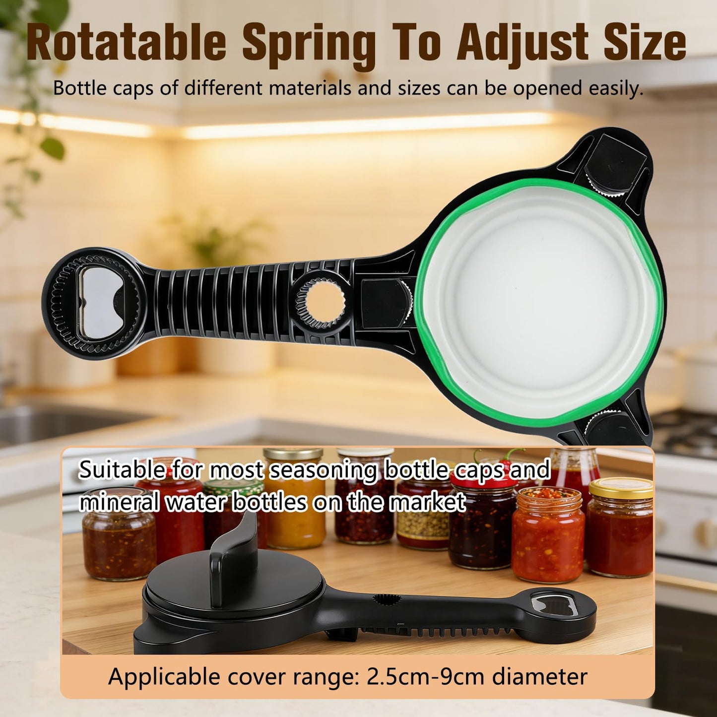 Multi-Functional Retractable Jar & Bottle Opener, Magnetic Stainless Steel Can Opener with Ergonomic Handle, Friendly Kitchen Gadget (black)
