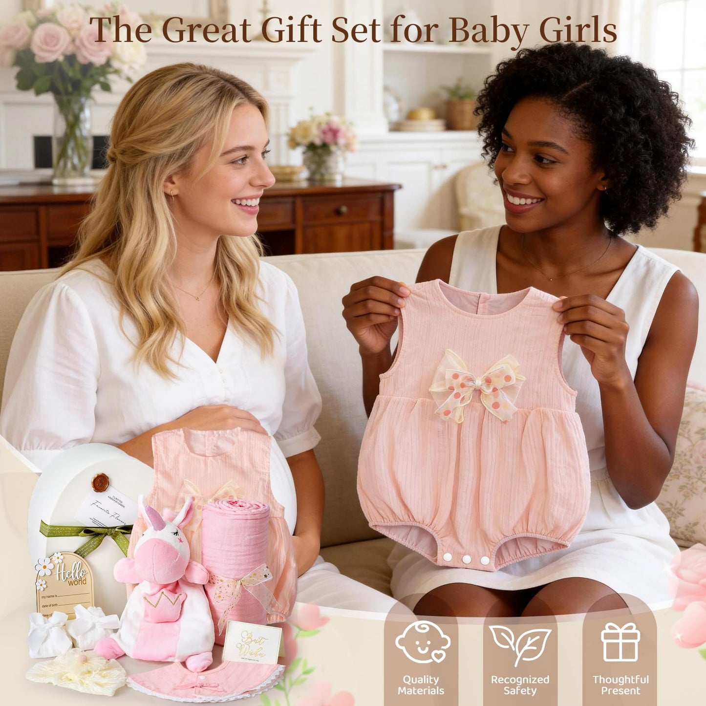TUZT Newborn Baby Girl Gift Set, 9PCS Baby Shower Gift Box with Onesie Blanket Hand Puppet Milestone Card, New Born Essentials Birthday Present Hospital Homecoming Photography Outfit for Girls