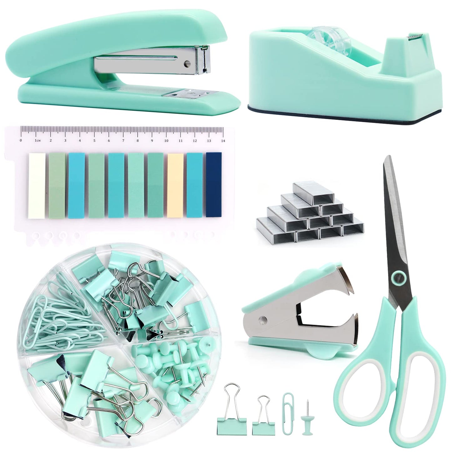 Green Office Supplies,UPIHO Teal Desk Accessories,Stapler and Tape Dispenser Set for Women with Stapler,Tape Dispenser,Staple Remover, Staples, Clips, Scissor and Tabs for Students, Office Clerks