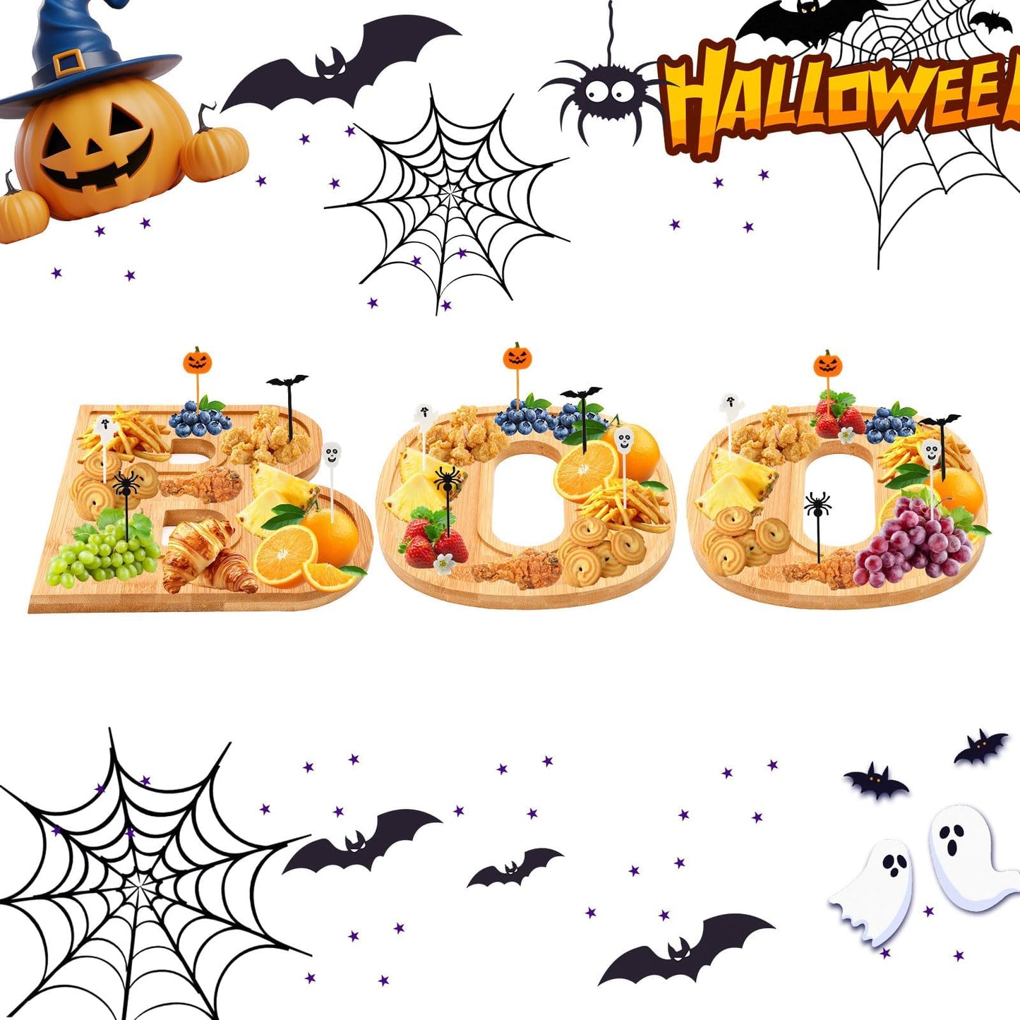 AUGSUN 53Pcs Halloween Charcuterie Board Set, 3 BOO Halloween Cheese Board Wooden Serving Platter with 50 Plastic Toothpicks for Party Buffet Supplies for Home Outdoor Party Decoration