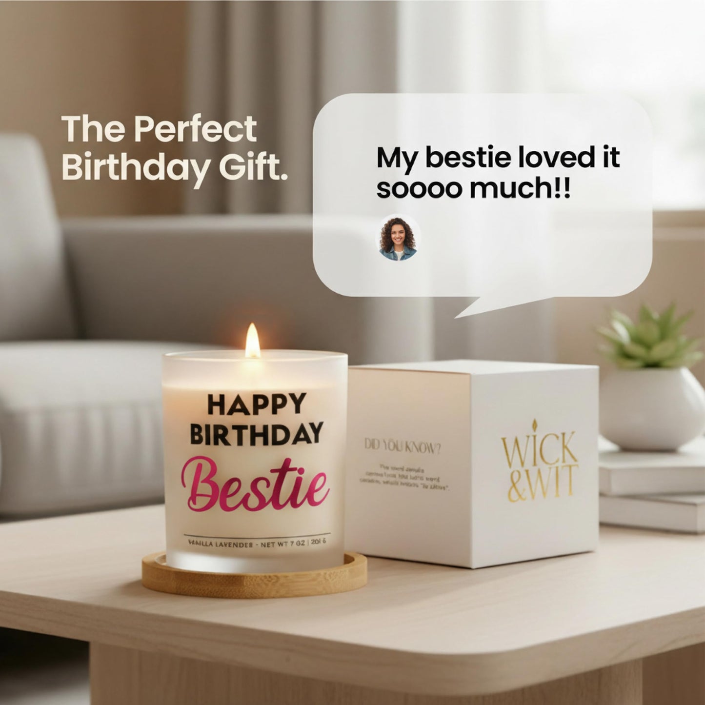 Wick and Wit Bestie Birthday Gifts for Women - Happy Birthday Bestie Gifts for Women Friend Friendship Soy Candle Gift Set for BFF Sister Coworker Vanilla Lavender Candle Ready to Gift Box