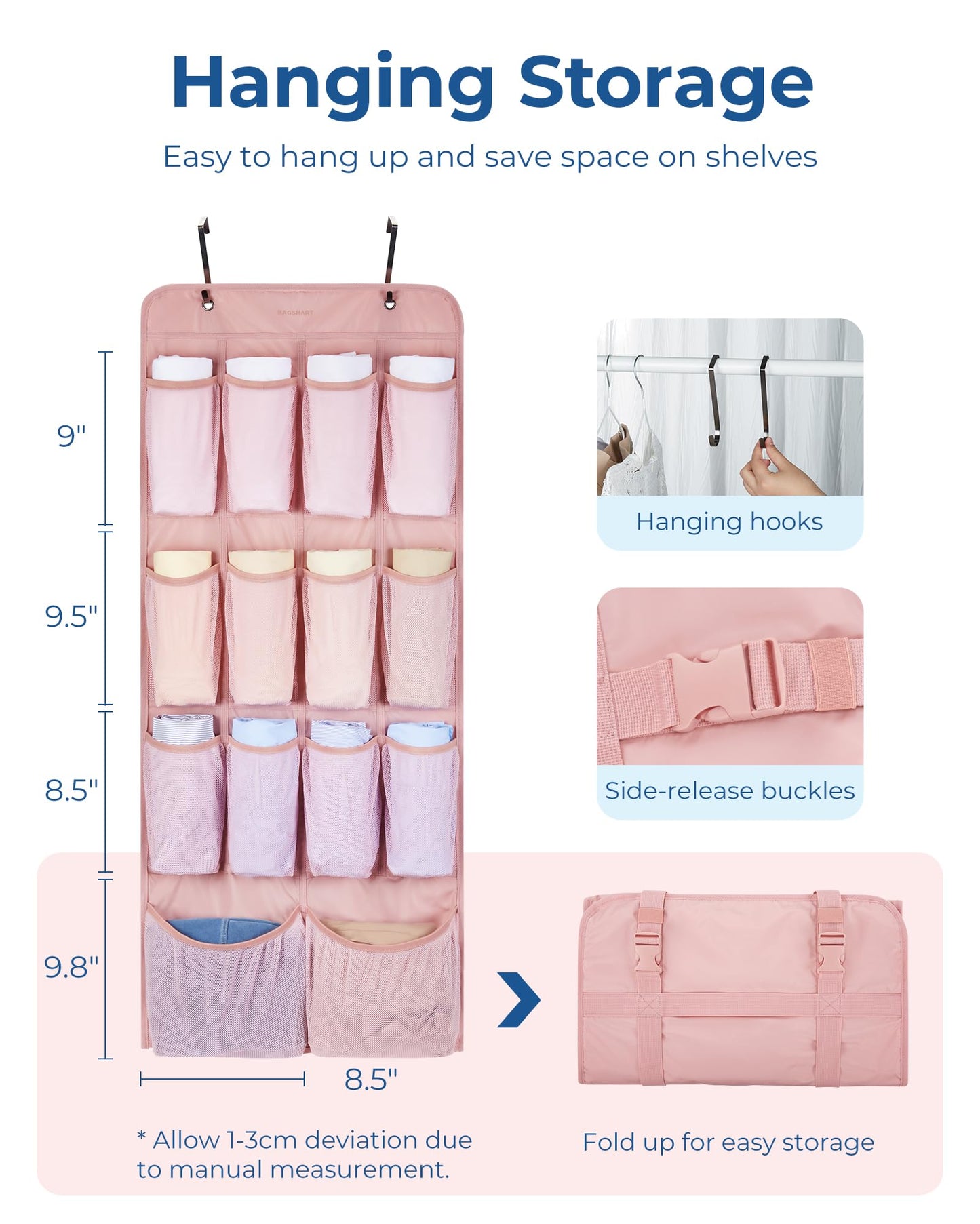 BAGSMART Hanging Compression Packing Cubes for Closet Organizers And Storage, 6 Set Suitcase Organizer Bags Set, Cruise Travel Essentials for Women, Baby Pink