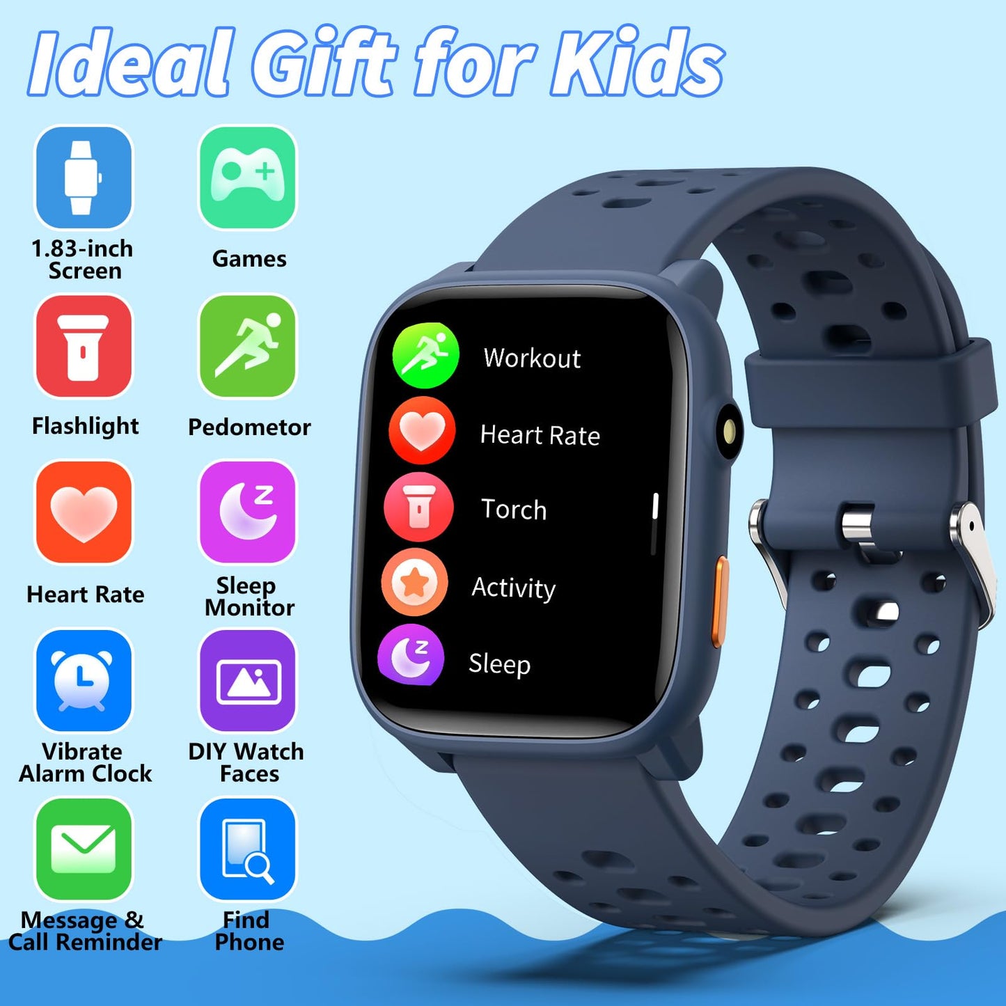ModaWin Smart Watch for Kids with 12 Puzzle Games, 1.83" Fitness Tracker Watch Heart Rate Sleep Monitor, Pedometer, Alarm Clock, Flashlight, Gift for 6-12 Year Old Boys Girls