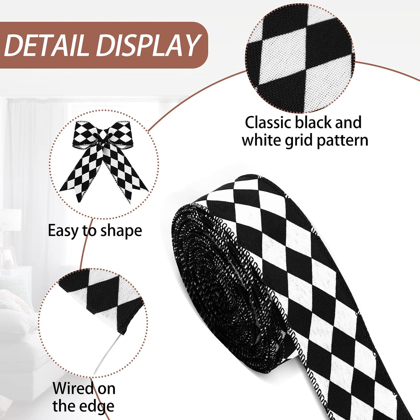 Waydress 2 Rolls/ 20 Yards Black and White Checkered Ribbons Buffalo Checked Harlequin Wired Diamond Gingham Ribbon for Gift Wrapping Racing Car Party DIY Wreath Decor Craft Hair Bow(1.5 Inch Wide)