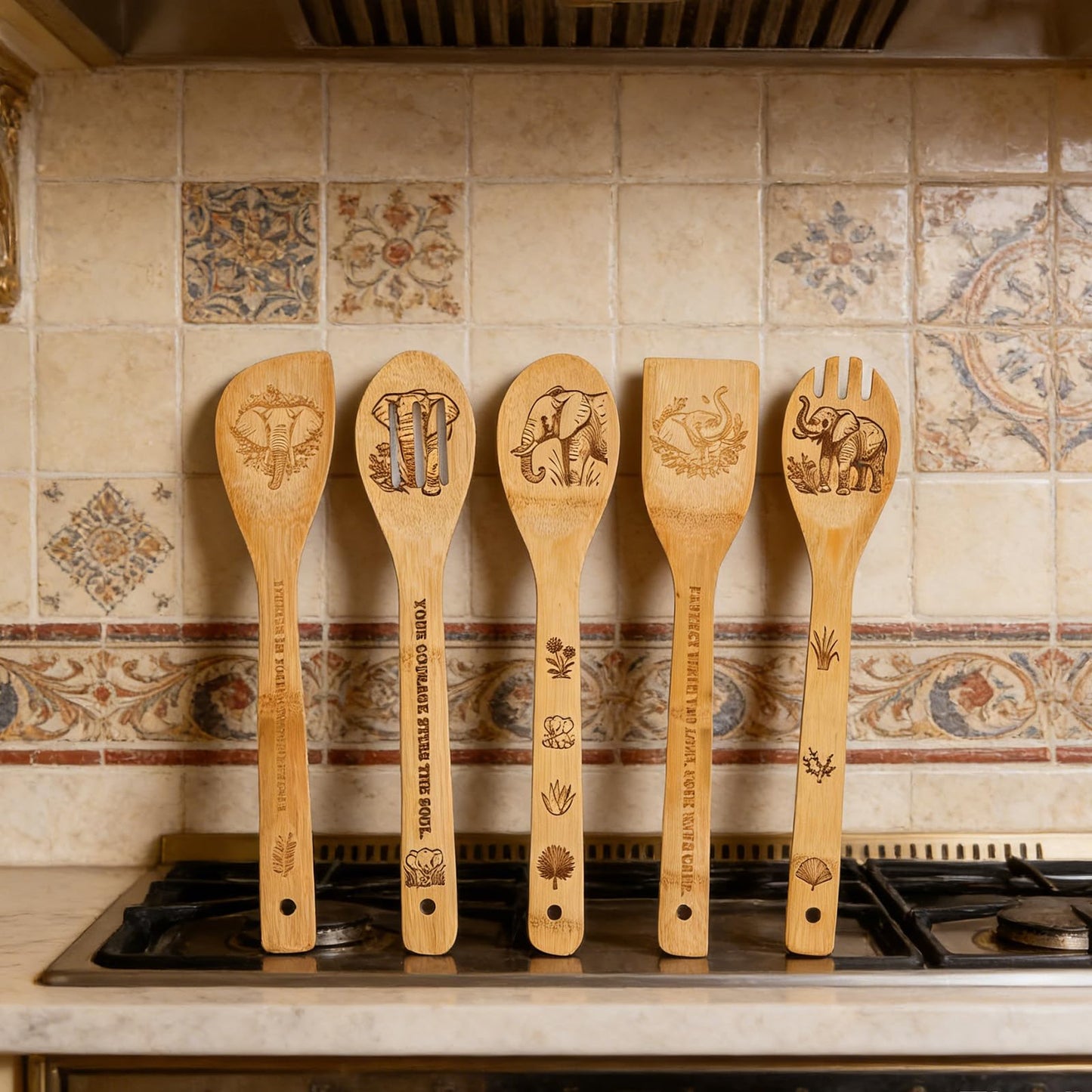 Bamboo Spoons for Cooking as Elephant Gifts for Women, 6 PCs Kitchen Utensils Set with Holder as Elephant Gifts, Wooden Cooking Utensils Set Home Decor, Birthday Housewarming Gifts for Women