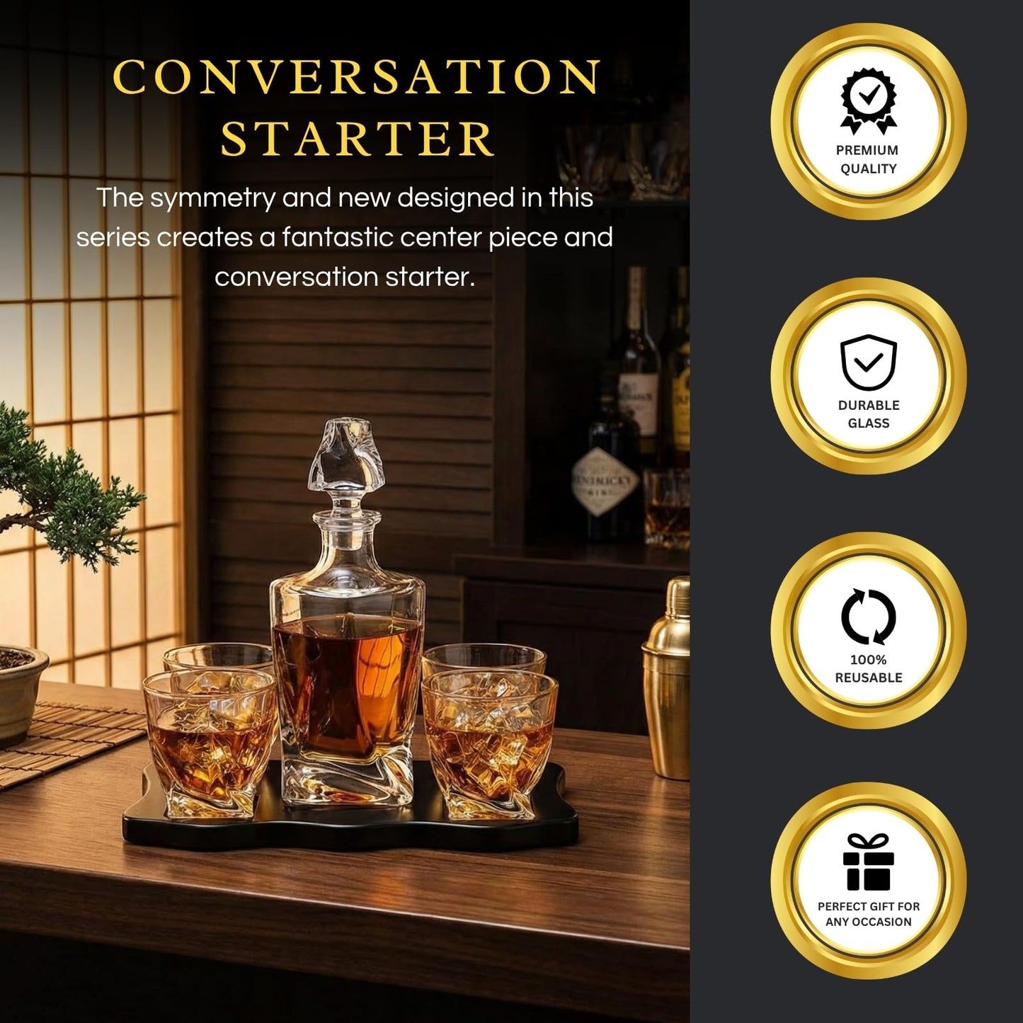 Ember Japanese Crystal Whisky Decanter Set with 4 Tumbler Glasses, Lead-Free Liquor Carafe & 10oz Rocks Glasses - Scotch Bourbon, Spirits & Wood Base Elegant Barware Gift for Men, Japan Design Gifts