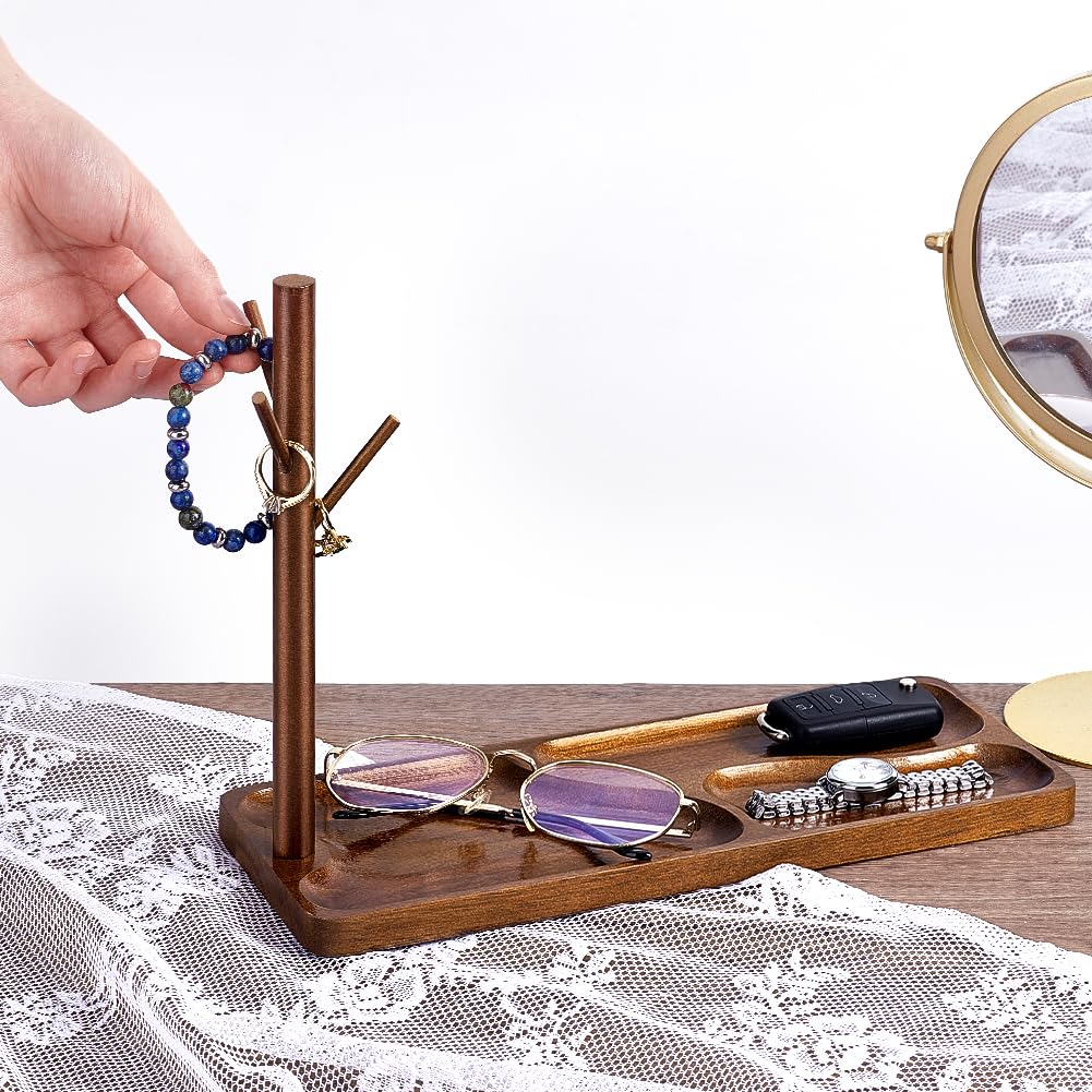 PH PandaHall Wood Key Tray for Entryway Table Key Holder Jewelry Tray for Home Decorations with Hanging Organizer Ring Bracelet Stand Tray for Watch Glasses Phone12.9x4.7x8.9 Inches, Brown