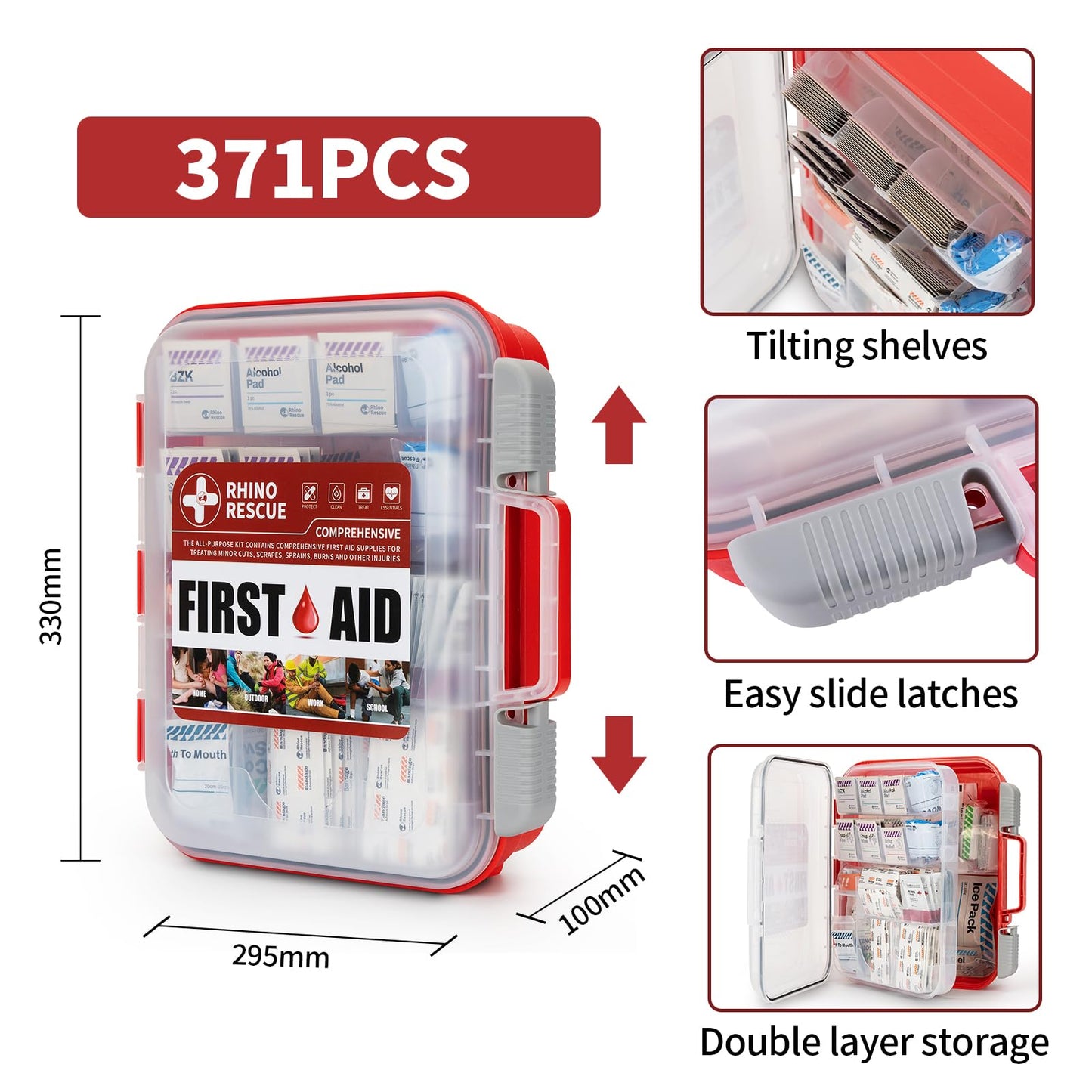 RHINO RESCUE 371 Pieces OSHA All-Purpose First Aid Kit, 100-Person Home & Office Professional Medical Supplies, Ideal for Emergency, School, Business