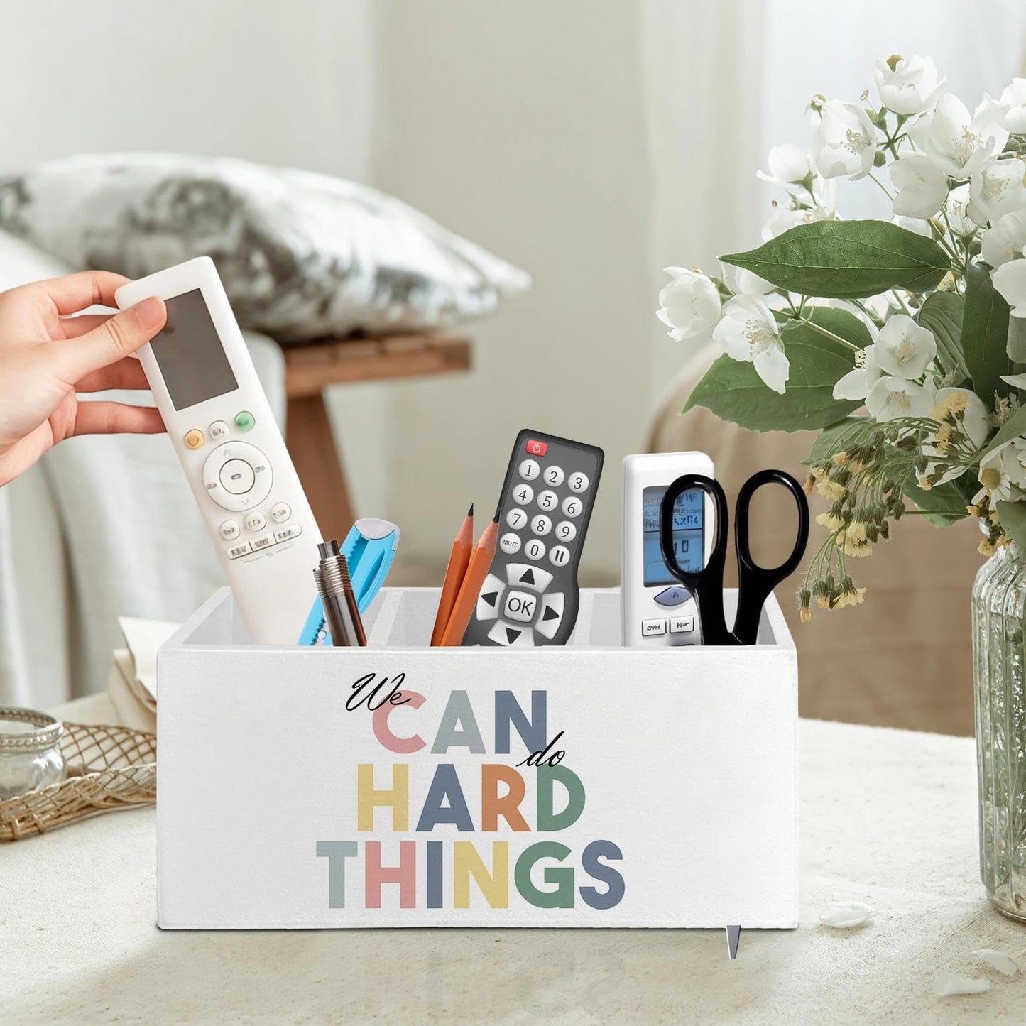 LIANGEAGOM Boho Inspirational Pen Pencil Holder Organizer for Desk Accessories, Mental Health We Can Do Hard Things Motivational Wooden Box Signs Decorations for Therapy Counselor Office Desk Tabletop