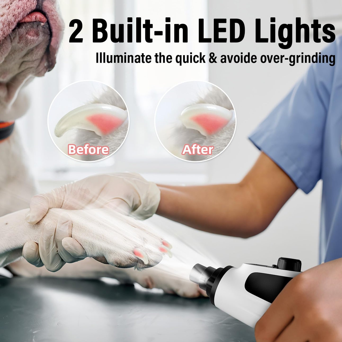 Casfuy Smart 6-Speed Dog Nail Grinder - 50% More Power Pet Nail Grinder with 2 LED Lights Quiet Rechargeable Electric Dog Nail Trimmers File Toenail Grinder for Large Medium Small Dogs & Cats (White)