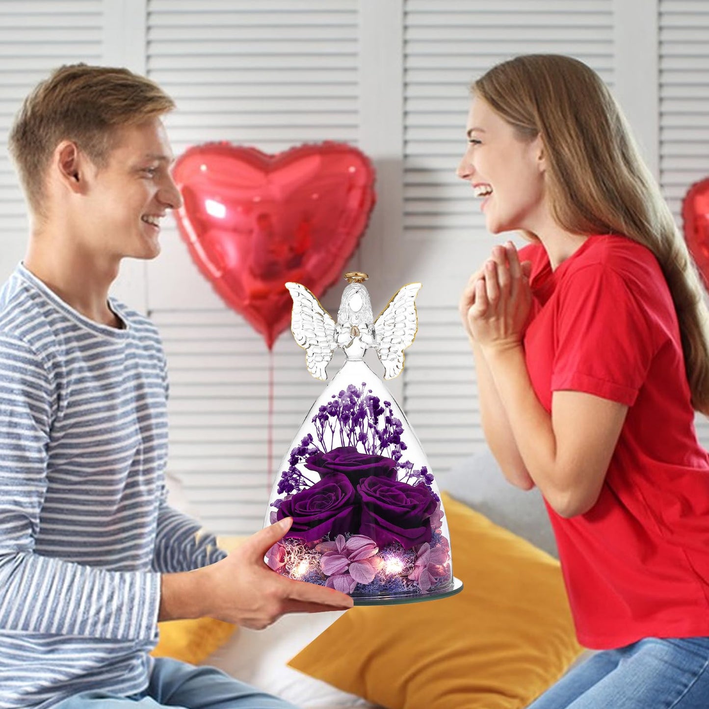 Tiaronics Mothers Day Rose Gifts for Women Preserved Real Flower in Glass Angel Figurines Roses for Delivery Prime Birthday Gifts for Mom Grandma Girlfriend Wife Her, Full Purple