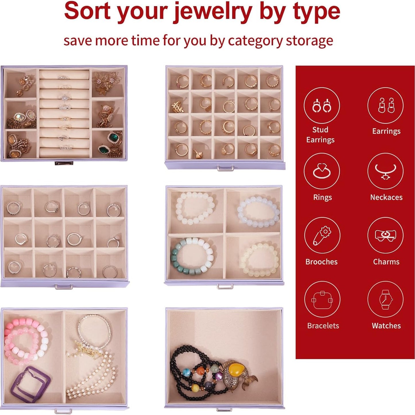 ASINGYER Jewelry Box for Women, 6 Layer Large Jewelry Holder Organizer with 5 Drawers for Jewelry Storage, Big Jewelry Box for Womens’ Christmas Gift (lavender)