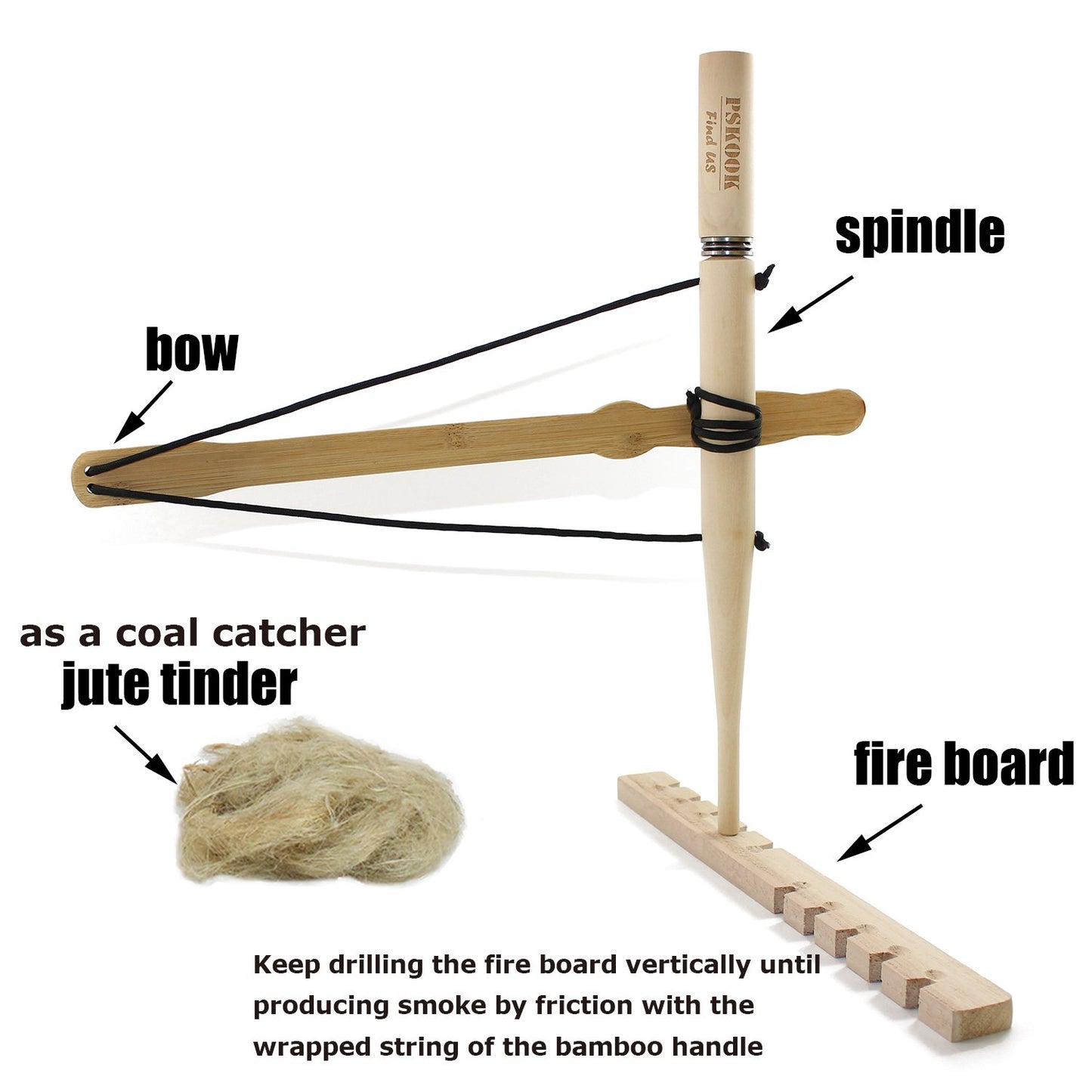 Bow Drill Fire Starter Kit, Pskook Survival Tool, Primitive Friction Fire Starting Kit, Bushcraft Gear, Camping Safety Equipment, Outdoor