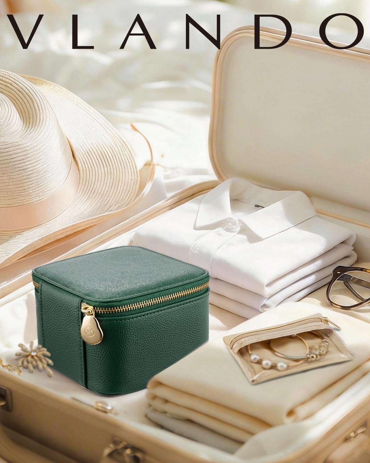 VLANDO Gifts for Teachers,Travel Jewelry Box with 6 Velvet Jewelry Zipper Pockets Jewelry Case Premium Petal Hardware Travel Jewelry Organizer Graduation Gifts (Green)