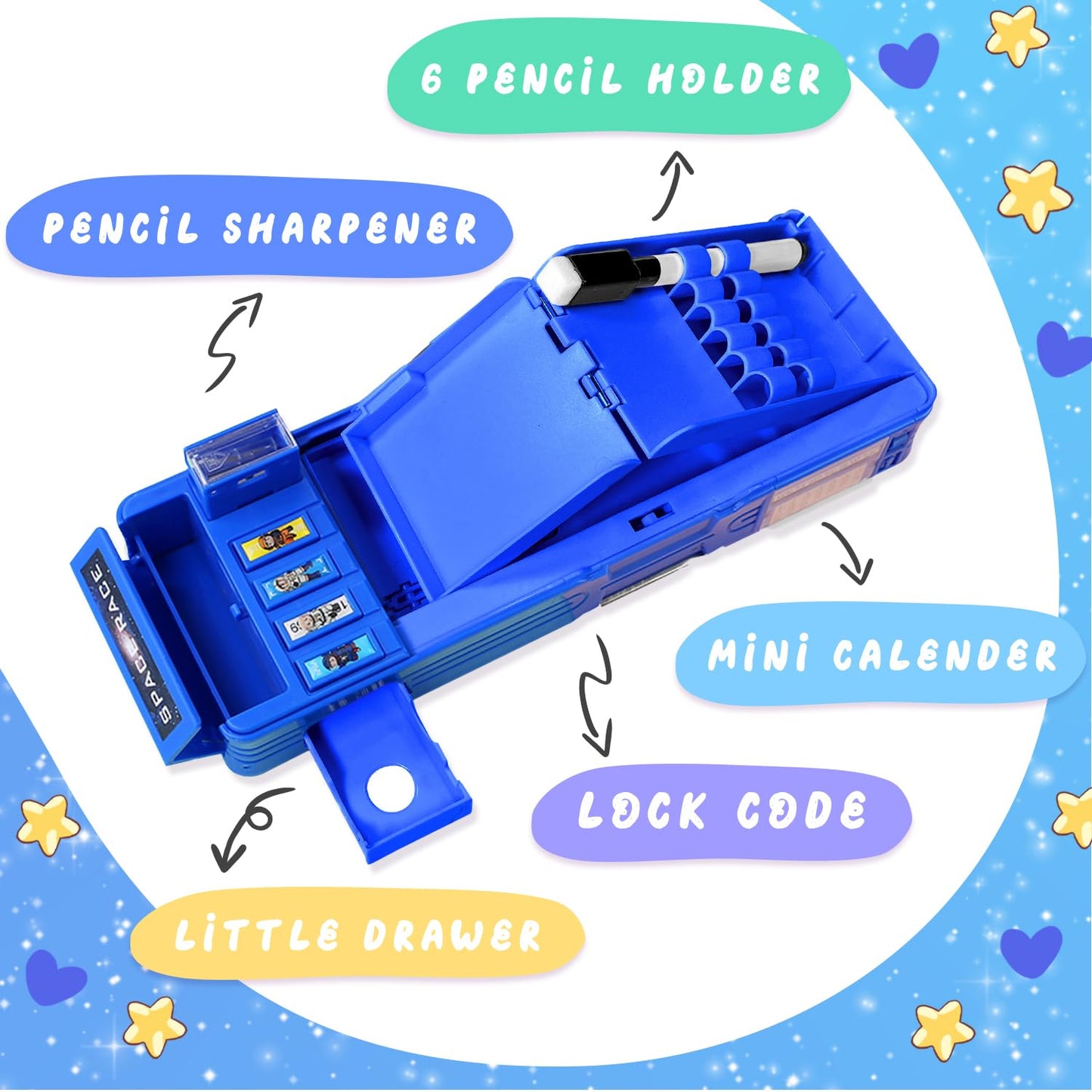 LilyBeauty Pop Up Multifunction Pencil Case for Girls and Boys, Cute Cartoon Pen Box Organizer Stationery, Sharpener, Schedule, Whiteboard, School Supplies, Best Gifts for Kids (Blue Space)