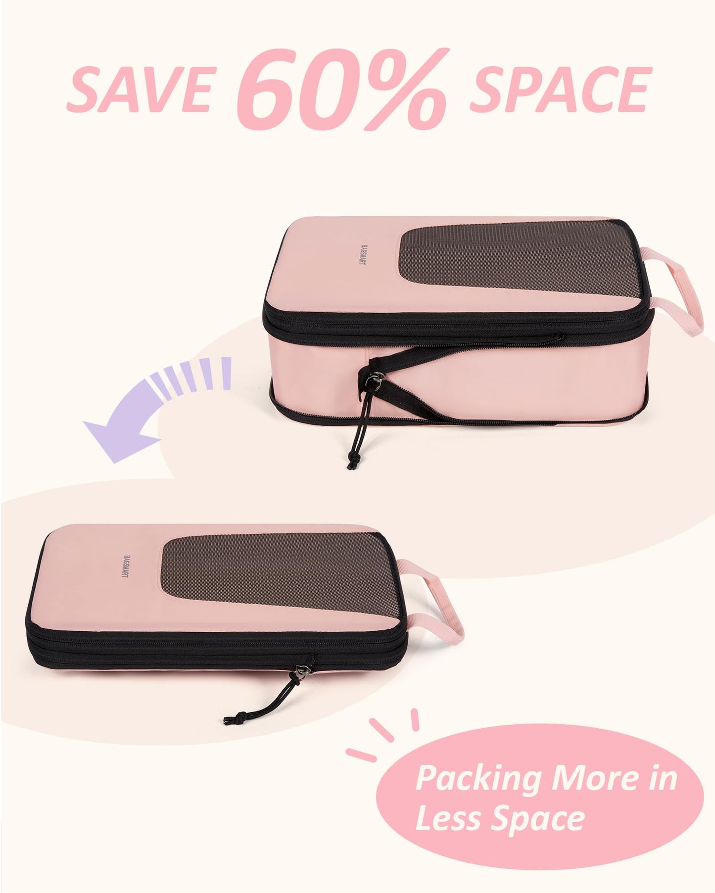 BAGSMART Compression Packing Cubes for Travel, 6/5/4set Lightweight Packing Organizers, Summer Travel Essentials Suitcase Organizer Bags Set, Compressible 4 Set/Beige