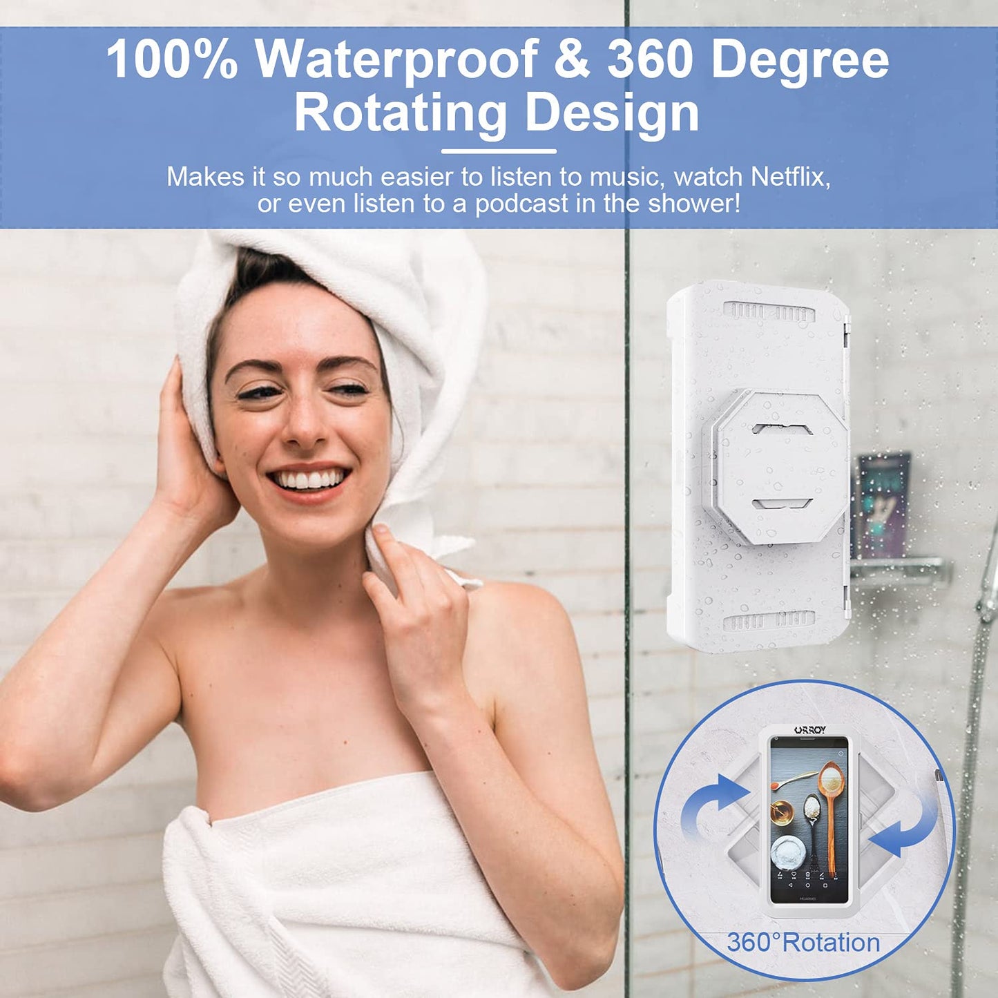 URROY Shower Phone Holder Waterproof, 360° Rotation Shower Phone Case, Anti-Fog High Sensitivity Universal Cover Mount Stand for Bathroom Wall Mirror Bathtub Kitchen, Gift for Men Women