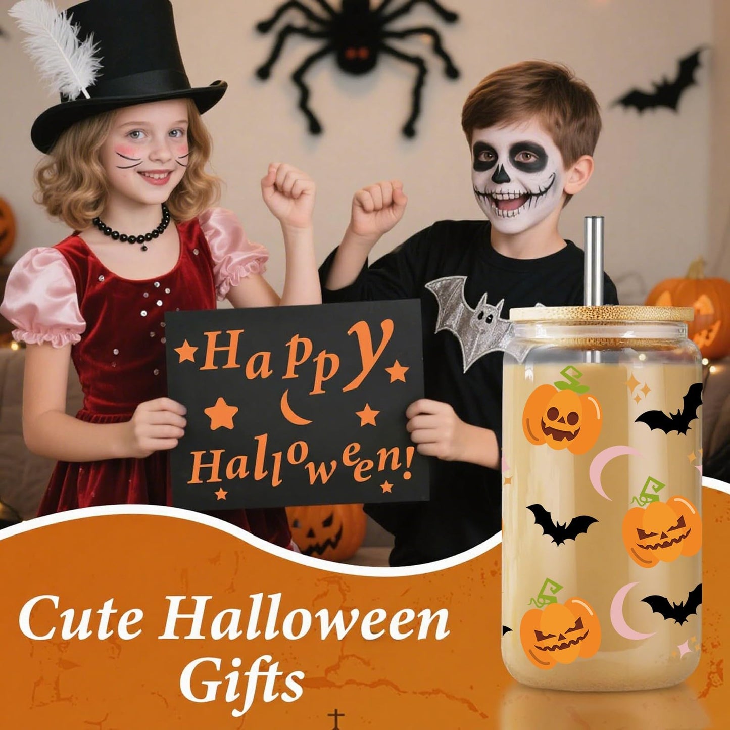 Halloween Gifts for Women 16oz Pumpkin Bat Coffee Glass Cup with Lid & Straw, Boo Basket Stuffers Fall Themed Gifts for Her, Sister, Friend