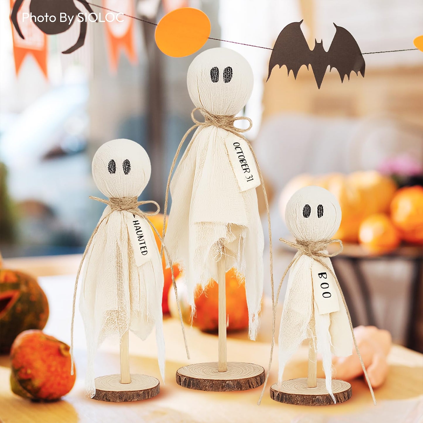Halloween Ghost Decorations Set of 3, Rustic Wooden Base Boo Ghost Tabletop Ornaments, Farmhouse Halloween Indoor Centerpieces for Mantel, Shelf, Coffee Table and Entryway Decor