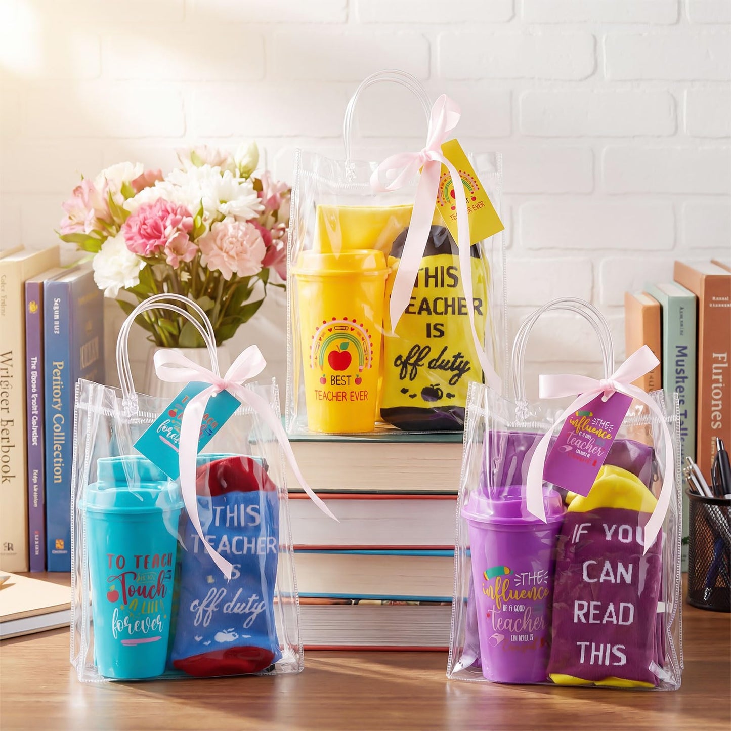 Pickmesh 12 Sets/61Pcs Teacher Appreciation Gifts for Women, Teachers Socks, 16oz Bright Coffee Cups, Canvas Makeup Bags, Clear Bag with Cards & Ribbon Thank You Gifts for Teacher Week Back to School