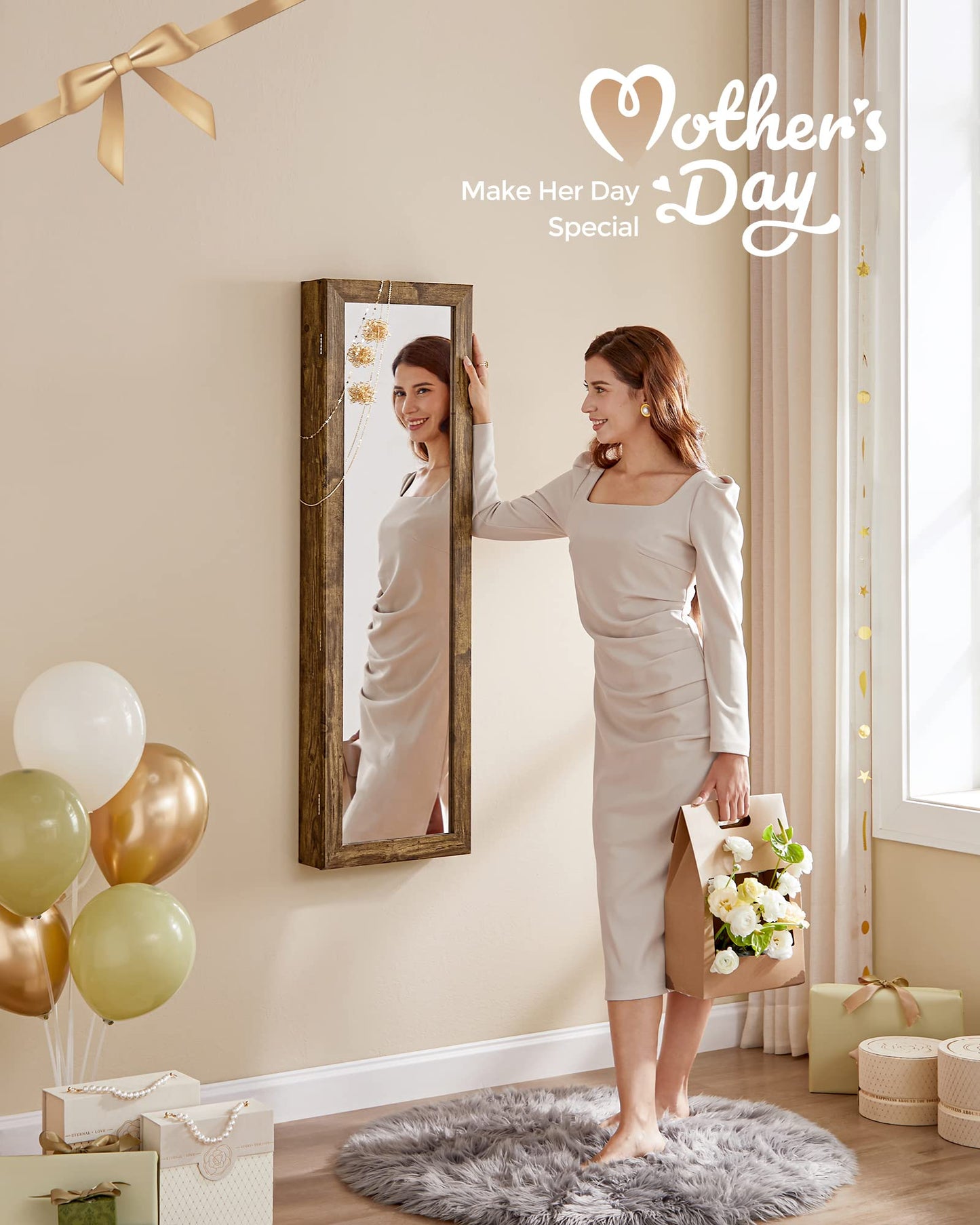 SONGMICS 6 LEDs Mirror Jewelry Cabinet, 47.2-Inch Tall Lockable Wall or Door Mounted Jewelry Armoire Organizer with Mirror, 2 Drawers, 3.9 x 14.6 x 47.2 Inches, Rustic Brown UJJC93CB