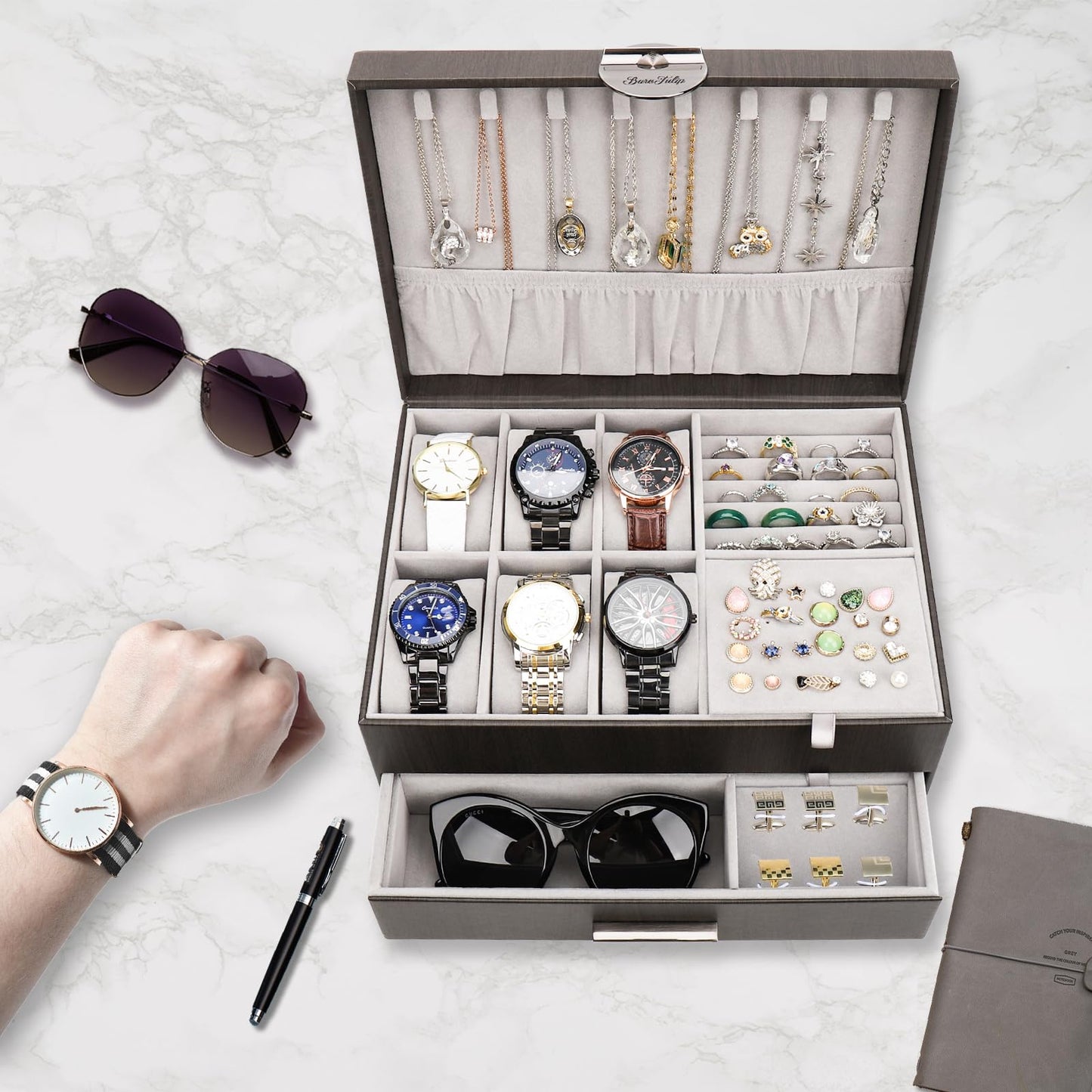 BareTulip Jewelry Box for Men 2-Layer Valet Organizer with 2 Drawers Watch Ring Necklace Cufflink Storage Case Glass Lid Premium PU Leather Mens Accessories Box Gift for Husband Boyfriend Dad Black