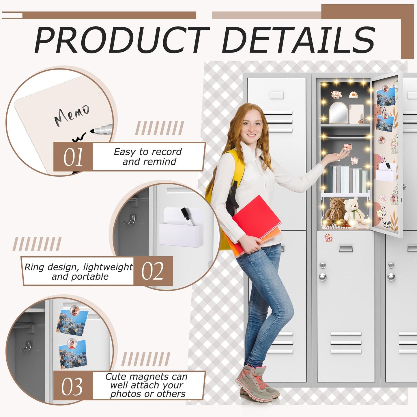 CroBlissful School Locker Accessories for Girls First Day of School Essentials Locker Decoration with Magnetic Wallpaper Mirror Pen Holder Shelf Faux Fur Rug Whiteboard Marker Magnets(Boho)