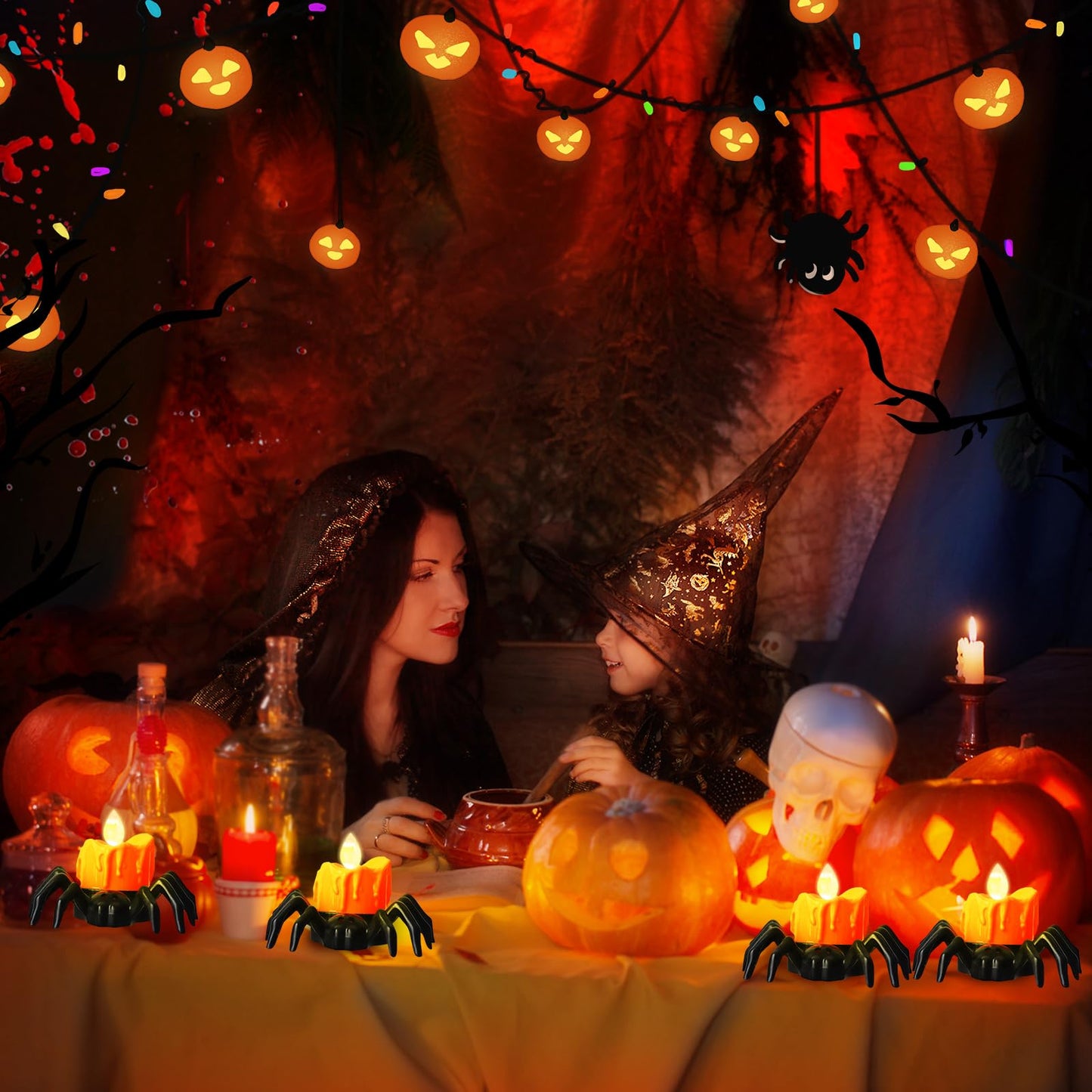 YBB 6 Pcs Halloween Spider Tea Lights, Novelty LED Flameless Spider Candle Holder Battery Operated Orange Tea Lamps for Halloween Party Table Home Spooky Decor