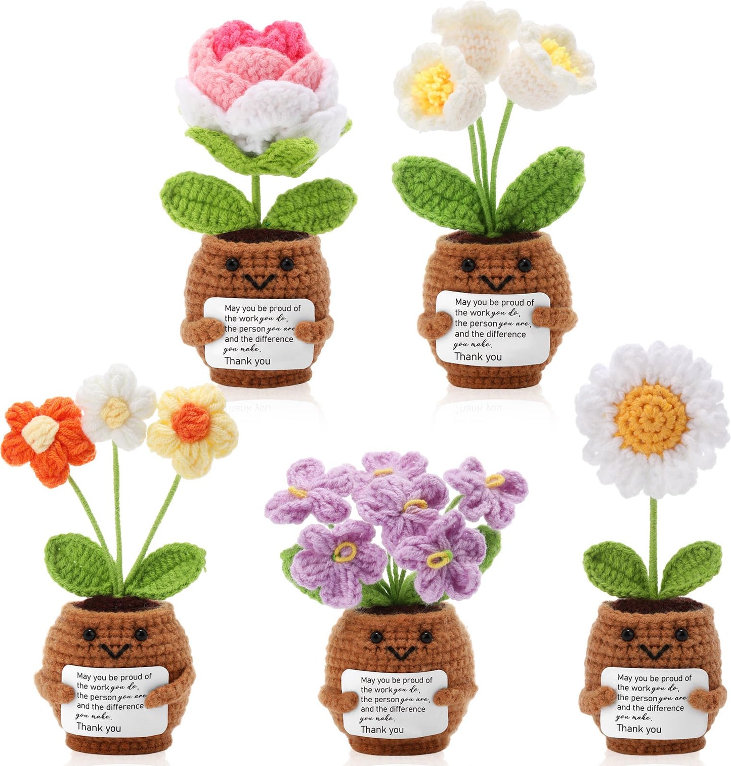 Geelin 6 Sets Positive Employee Appreciation Mini Crochet Flower Potted Doll with Card Emotional Rose Daisy Crochet Support Thank You Plants May You Positive Gift for Women Coworker Employee Teacher