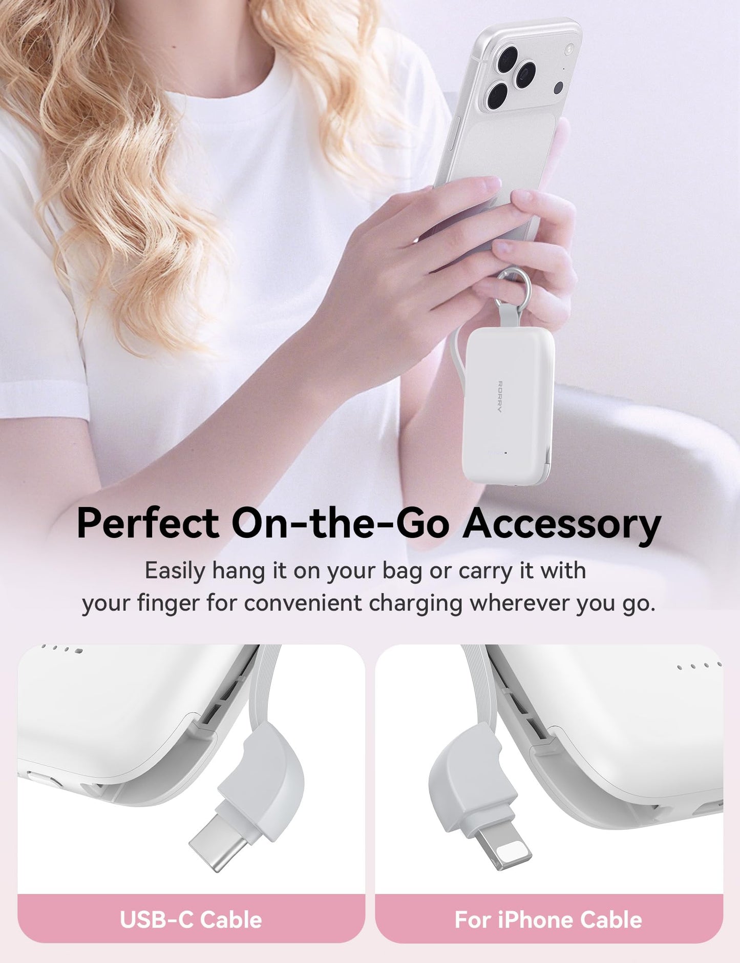 RORRY Portable Charger, 10000mAh PD 30W Fast Charging Portable Charger Power Bank with Built-in Cables, Travel Keychain Charger Battery Pack for iPhone 17/16/15/14/13/12, for AirPods 2/3/4/Pro, White