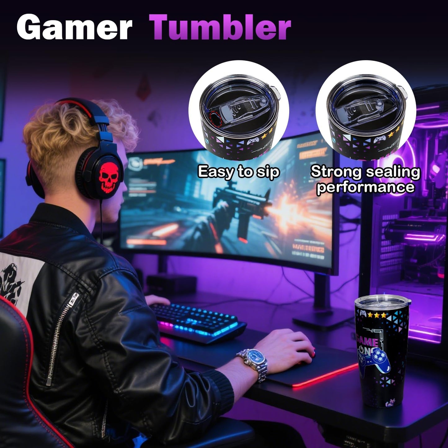 ANOTION Valentines Day Gamer Gifts for Him-5PCS Gaming Gift Set for Boyfriend Teen Boys Men - 20oz Insulated Tumbler, Beanie, Socks, Pillowcase, Card, Gaming Gifts Box for Teenage Boys