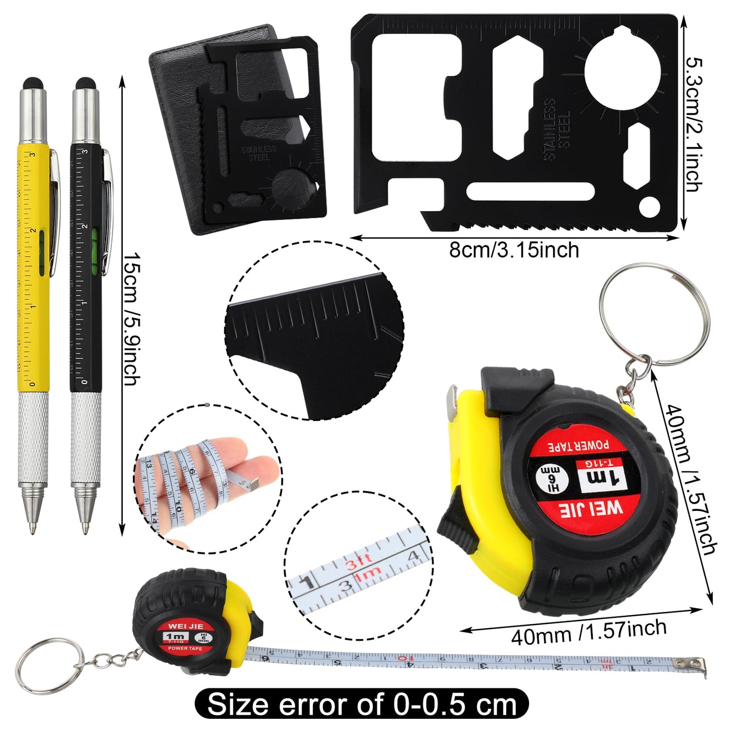 Lasnten 50 Pcs Mini Tape Measure Screwdriver Keychain Set Bulk Men Gifts Multitool Pen Card Mini Tool Bag Pouch Adult Party Favors Pinata Stuffers for Men Father's Day Husband Gifts (Black+Yellow)