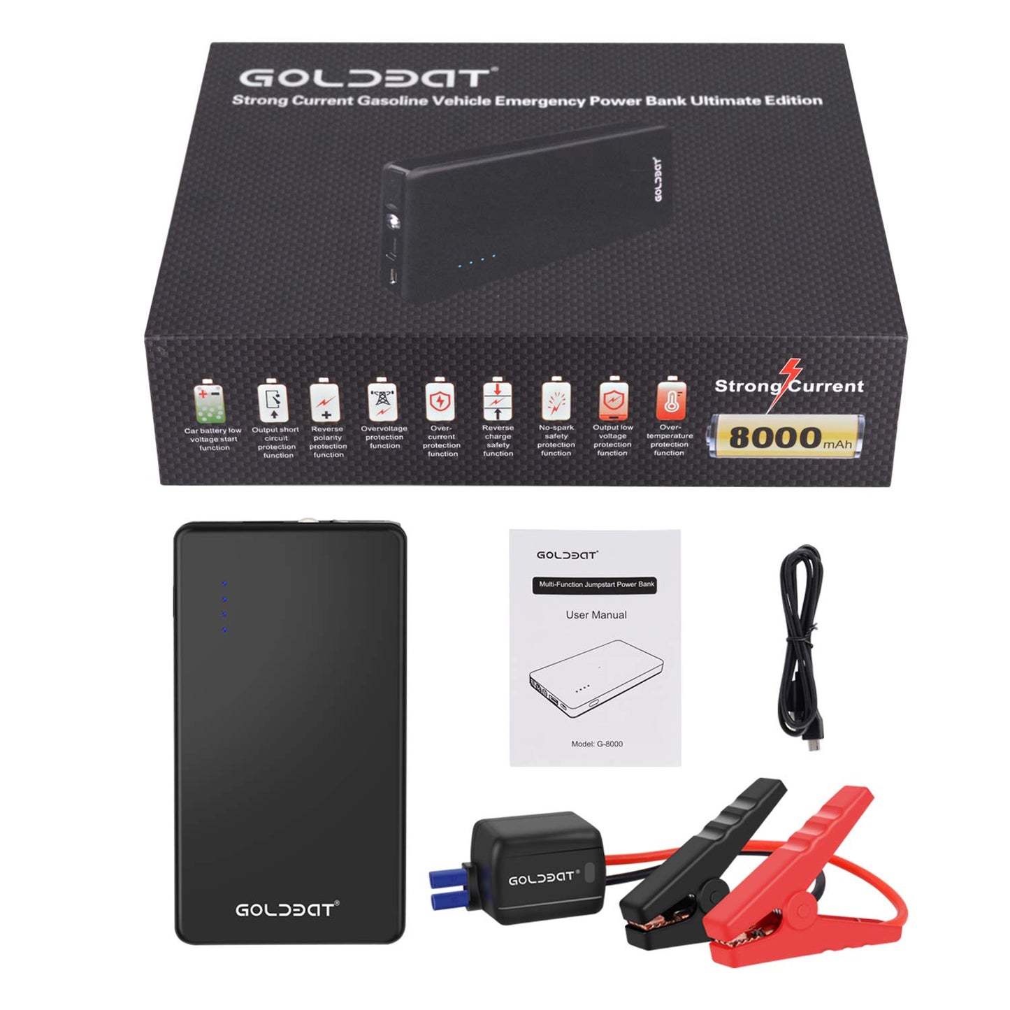 GOLDBAT 700A Peak 12V 8000mAh Car Jump Starter (Up to 4.0L Gas or 2.0L Diesel Engine) Portable Power Pack Auto Battery Booster with LED Light Gift Box Packaging (Black)