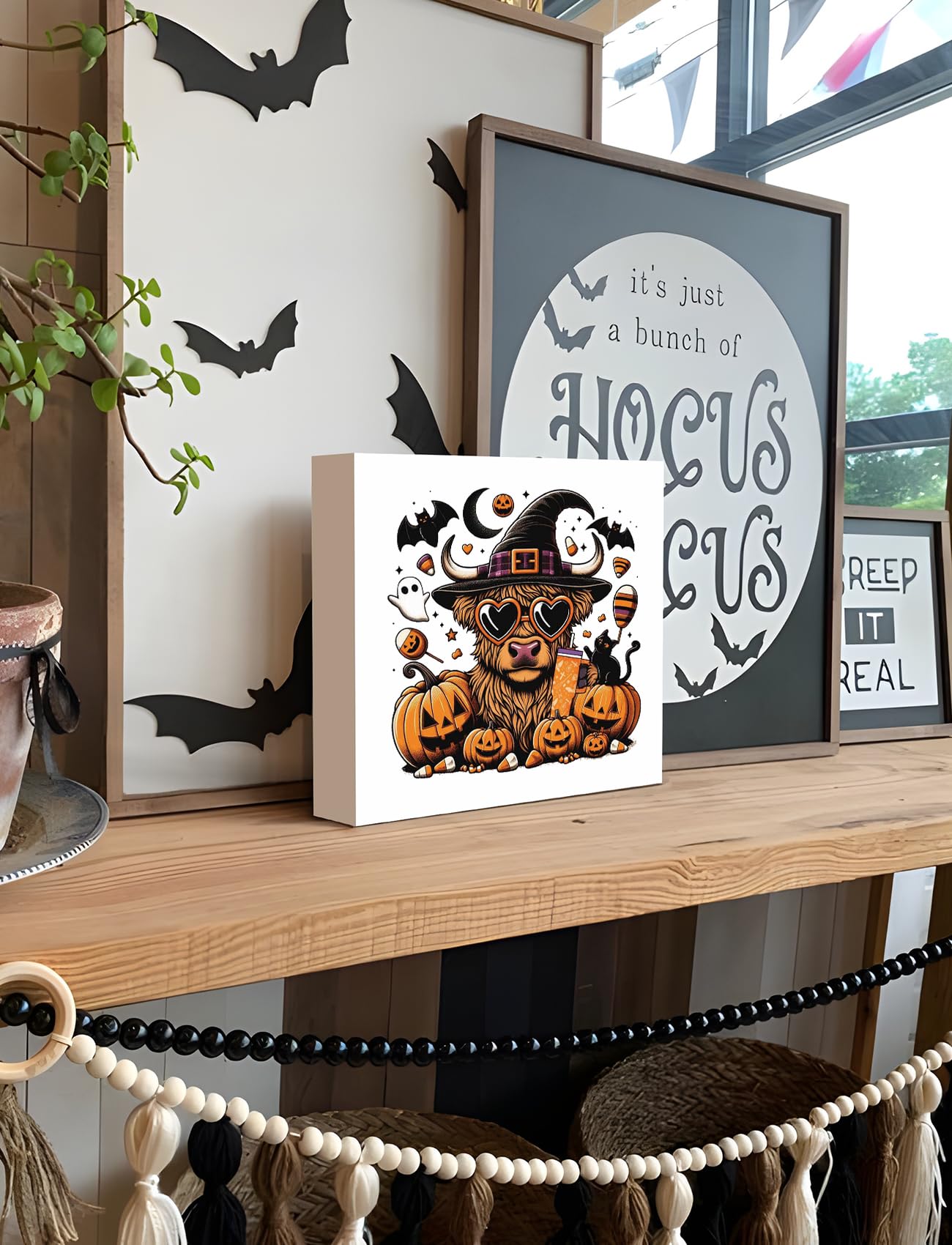 Foritho Funny Halloween Witch Highland Cow Wooden Box Sign Plaque, Halloween Wood Signs for Home Office Desk Shelf Table Decor, Witchy Halloween Decor, Halloween Decorative Signage,5x5 Inch