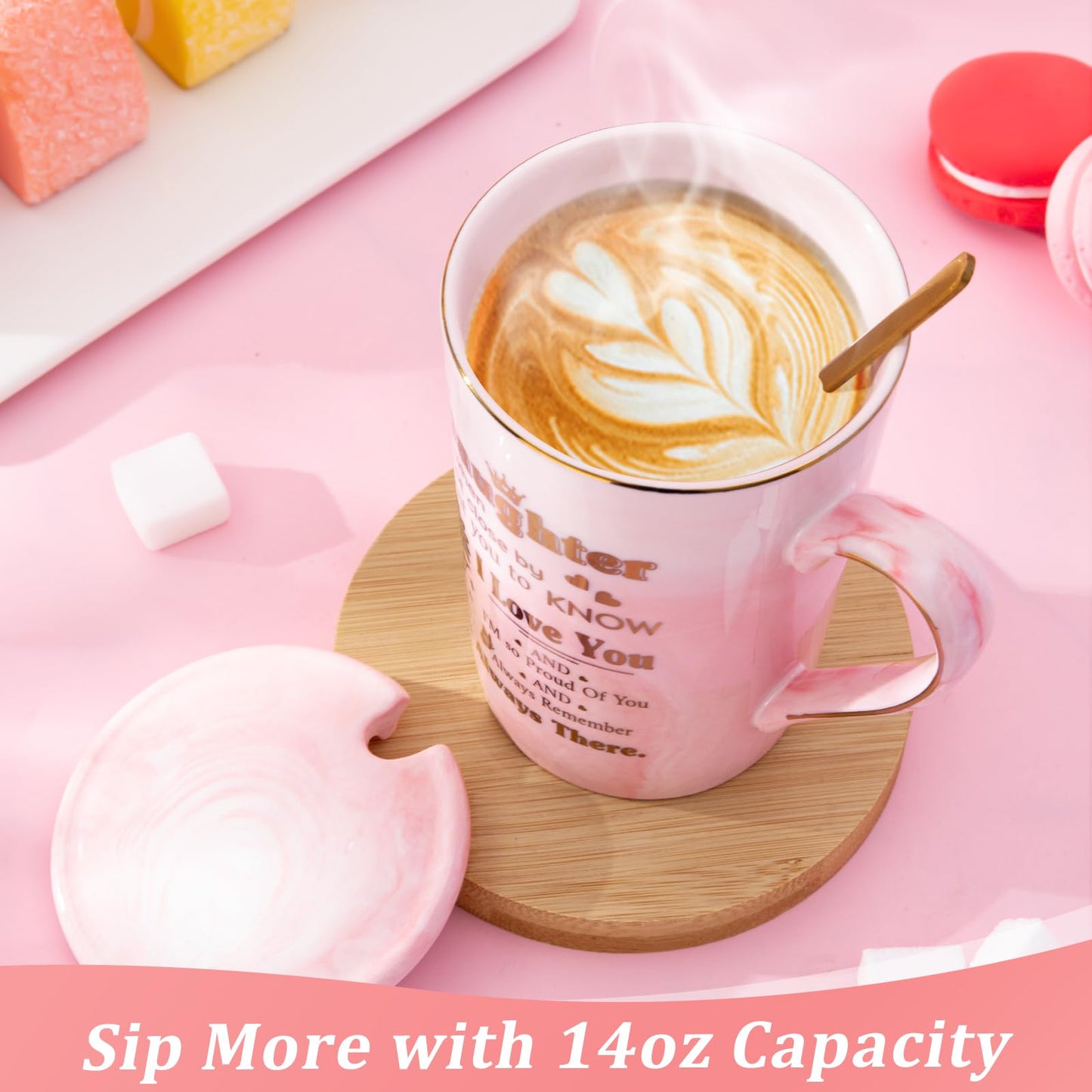 Daughter Birthday Gifts from Mom Dad - Unique 14oz Pink Marble Gold Print Coffee Mug, Lid, Spoon, Greeting Card, Presents for Wedding Blessing, Thanksgiving, Valentines, Graduation, Nice Gift Boxed