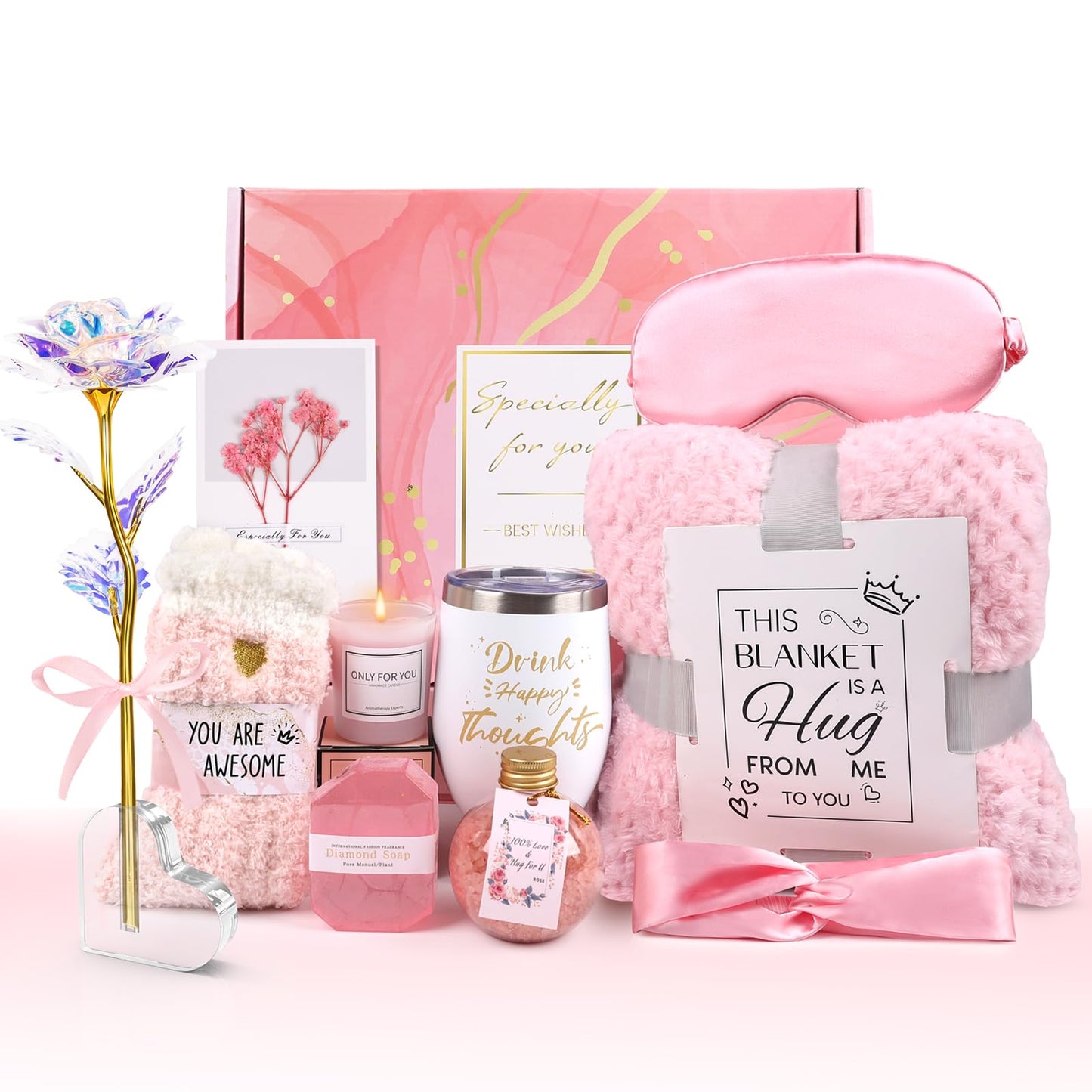 Mothers Day Birthday Gifts for Women Self Care Gift Get Well Soon Gifts, Rose Relaxing SPA Gift Basket Care Package, Luxury Flannel Blanket Mother's Day Gift for Mom Her Wife Grandma Daughter Pink