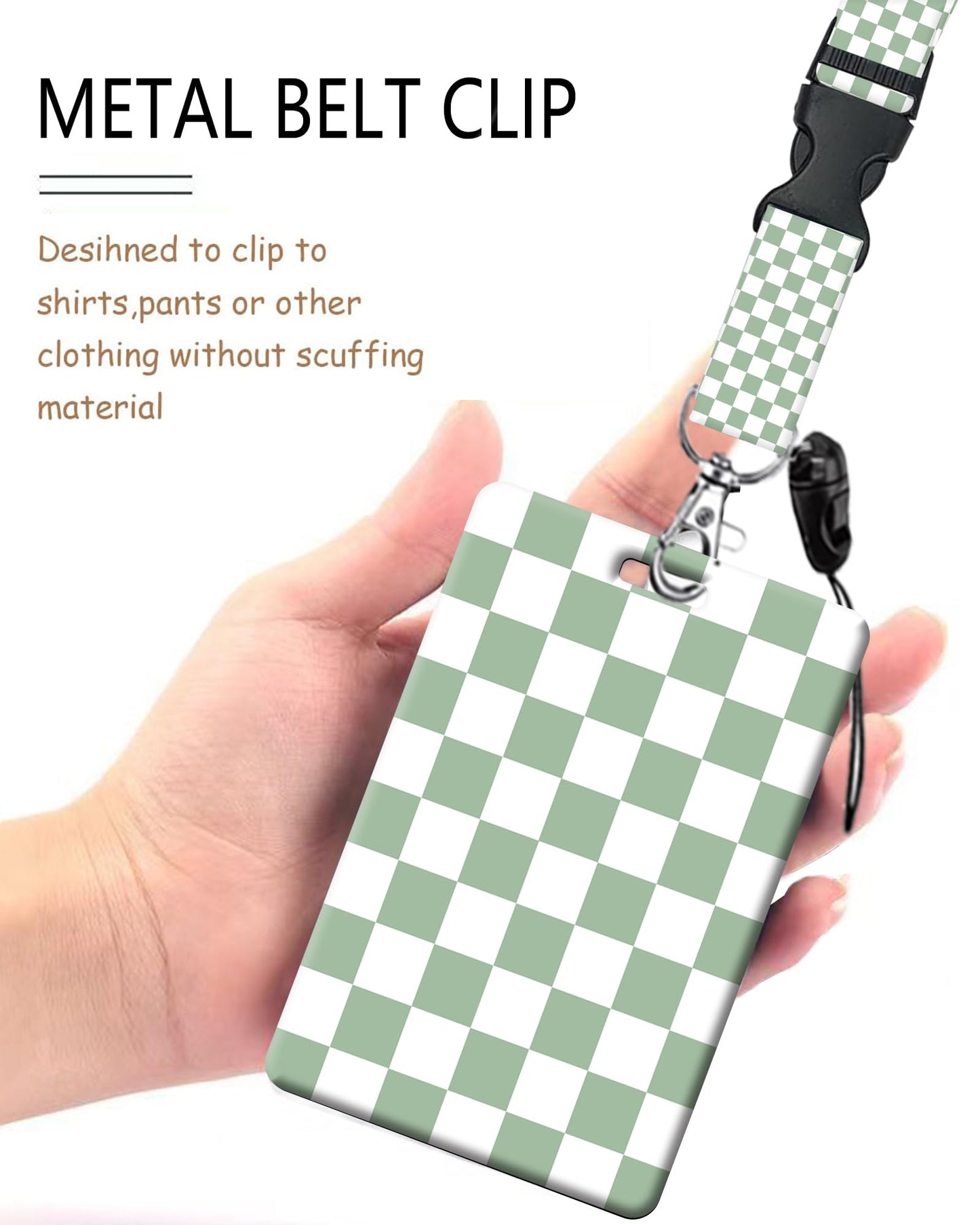ID Badge Holder with Retractable Lanyard and Keychain, Badge Reel with Rotate Carabiner Clip,Cute Green Checkered Card Name Tag Lanyard ID Protector Bage Clips for Student, Women, Office
