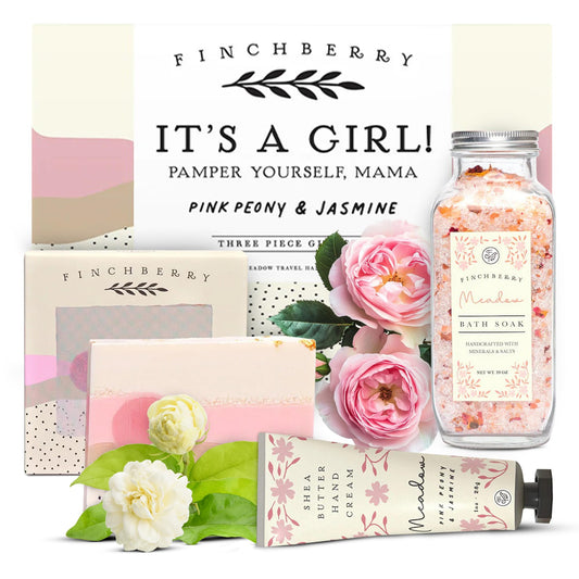 FinchBerry 3-Piece Gift Set - It’s A Girl! Baby Shower Gift, New Mom Care Package, First-Time Mom Gifts, Baby Girl Gift – Includes Handmade Shea Butter Soap(4.5oz), Bath Soak (20oz) & Hand Cream (1oz)