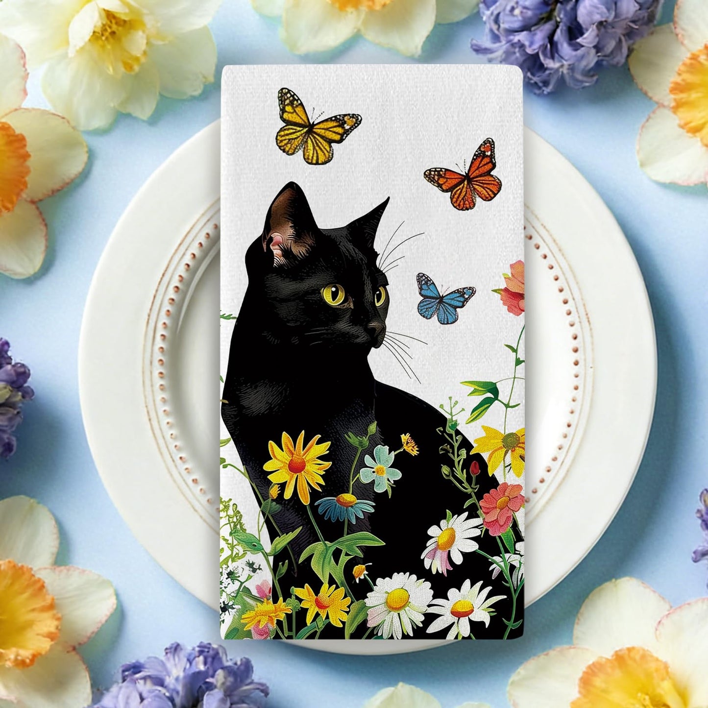 Croar Spring Summer Black Cat Floral Kitchen Dish Towels Set of 2, Daisy Flower Butterfly Drying Hand Towel Baking Cooking Cloth, Wildflower Bathroom Home Decoration Pet Cat Owner Lover Gift 18''x26''