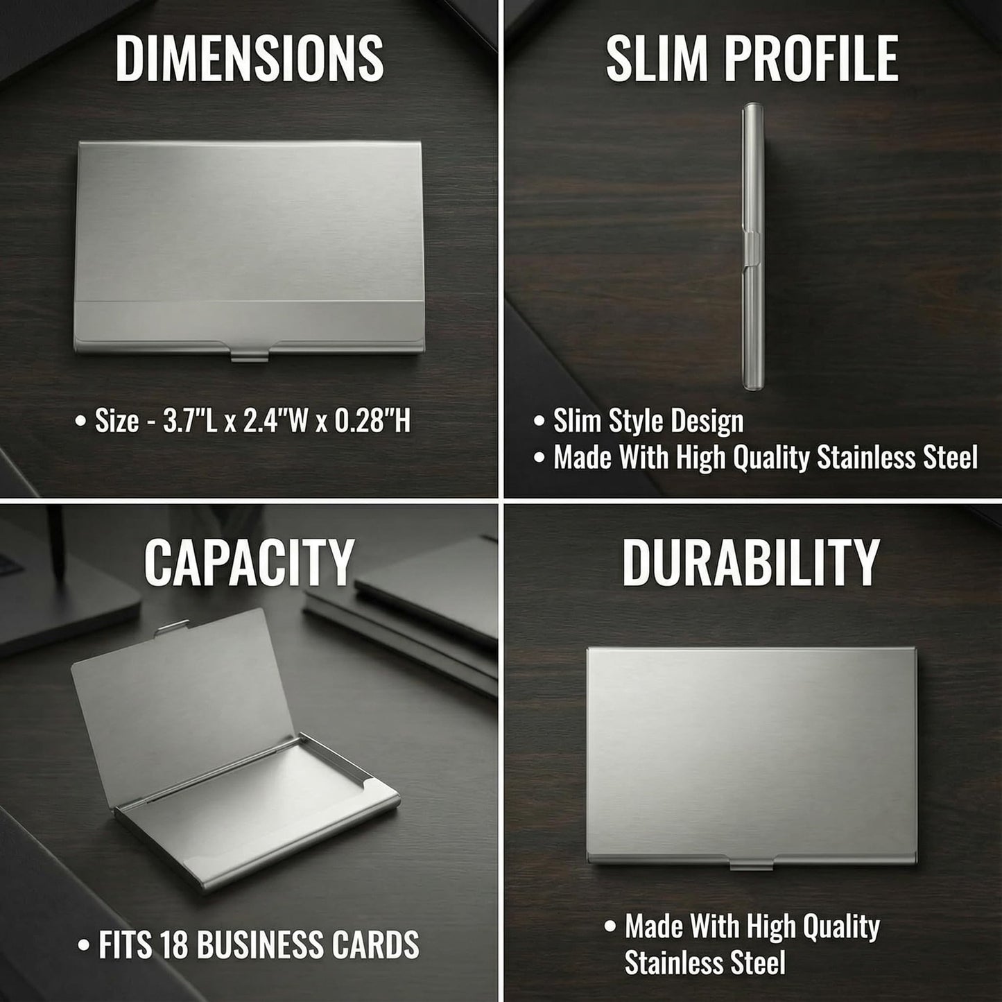 Business Card Holder, for Men and Women, Slim Minimalist Design Case, Stainless Steel Metal, Fits 18 Business Cards in Pocket