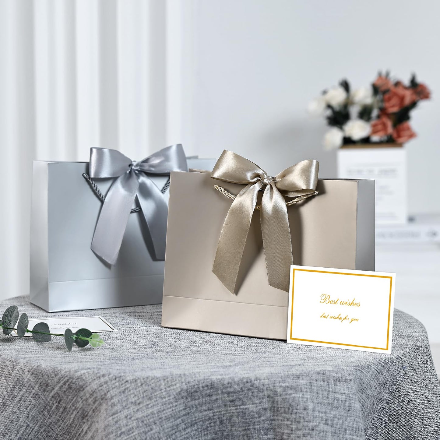 JMANNI Gift Bags with Handles, 13” Medium Gift Bag for Presents, 1 Pcs Bags with 2 Tissue Paper and 1 Cards for Baby Shower Wedding Bridal Shower Mother's Day Birthday Party（champagne gold）