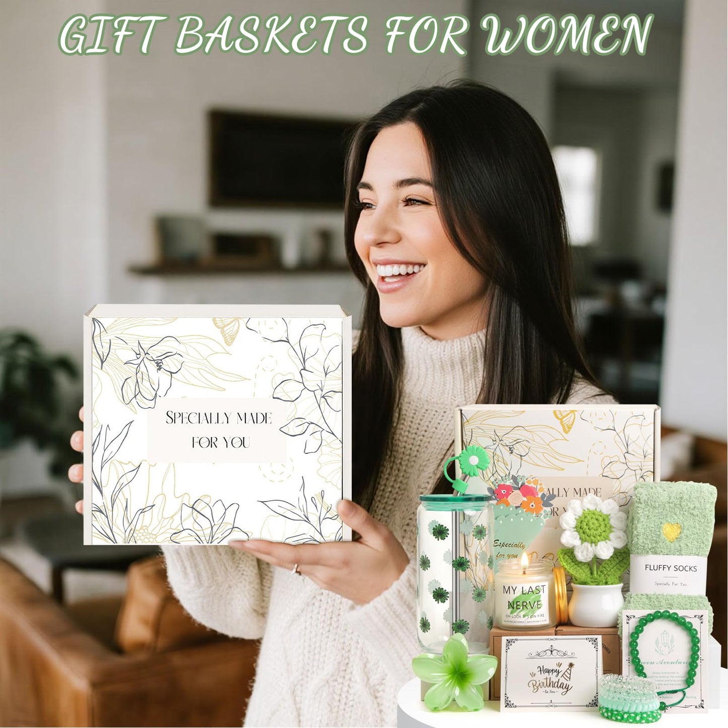 Birthday Gifts for Women, Teen Girls, Her, Unique Happy Birthday Gift Baskets for Best Friend Sister Daughter, Women Mother Gifts Box for Girls Wife Girlfriends, 14pcs Cute Daisy Gift Set(Green)