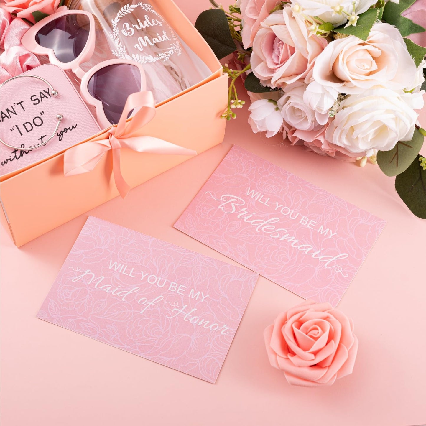 6 Sets Pink Bridesmaid Proposal Gifts, Maid of Honor Gift Includes Wedding Gift Box Jewelry Box Makeup Bag Bracelet Foam Flower Invited Card Glasses Cup Hair Tie for Bridal Shower Bachelorette Party