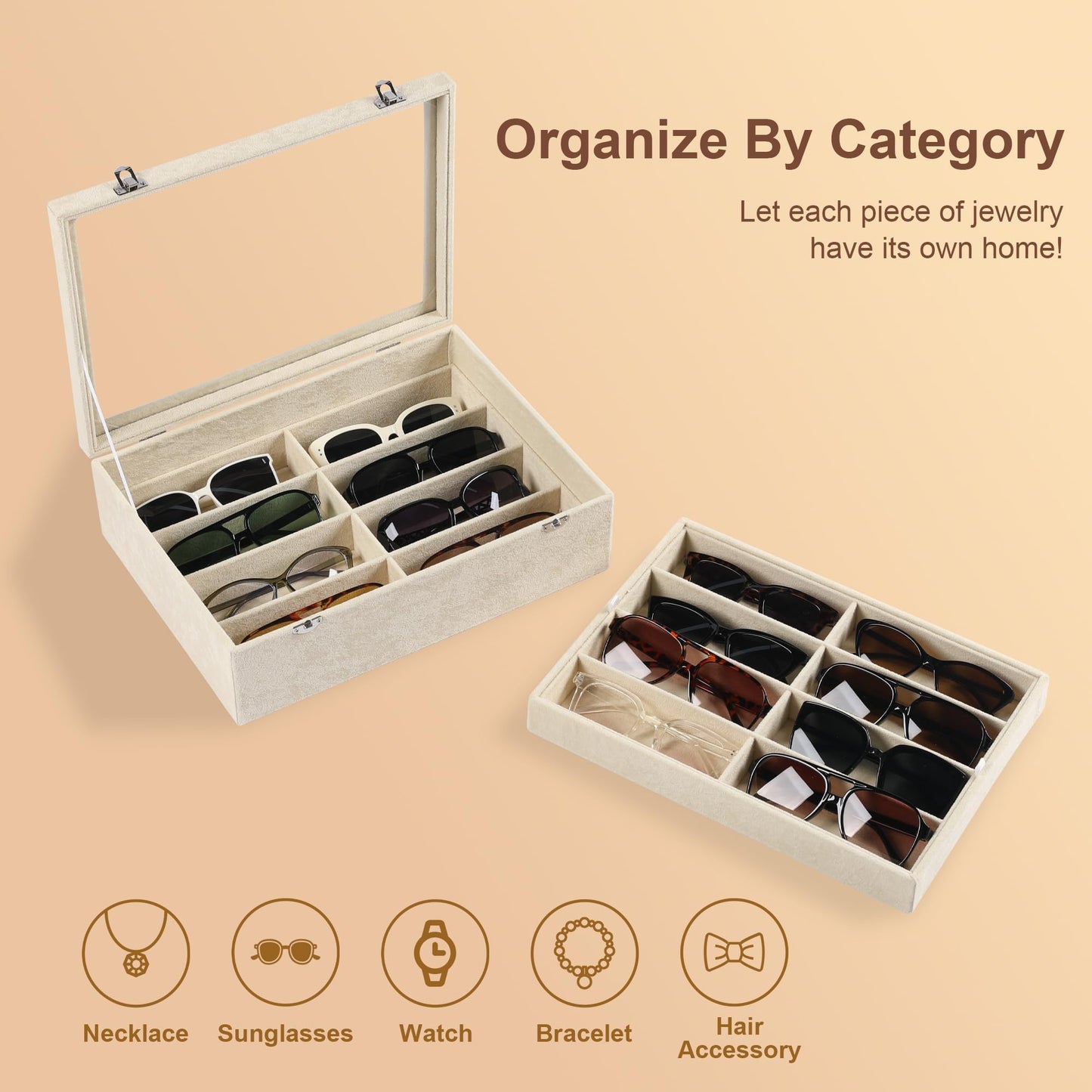 Frebeauty 16 Slots Sunglasses Organizer,2 Layer Velvet Sunglasses Tray with Glass Lid,Multiple Pairs Sunglass Display Case for Man or Woman,13.7 * 10.25 * 4.1 Inches Eyeglass/Eyewear Box (Grey)