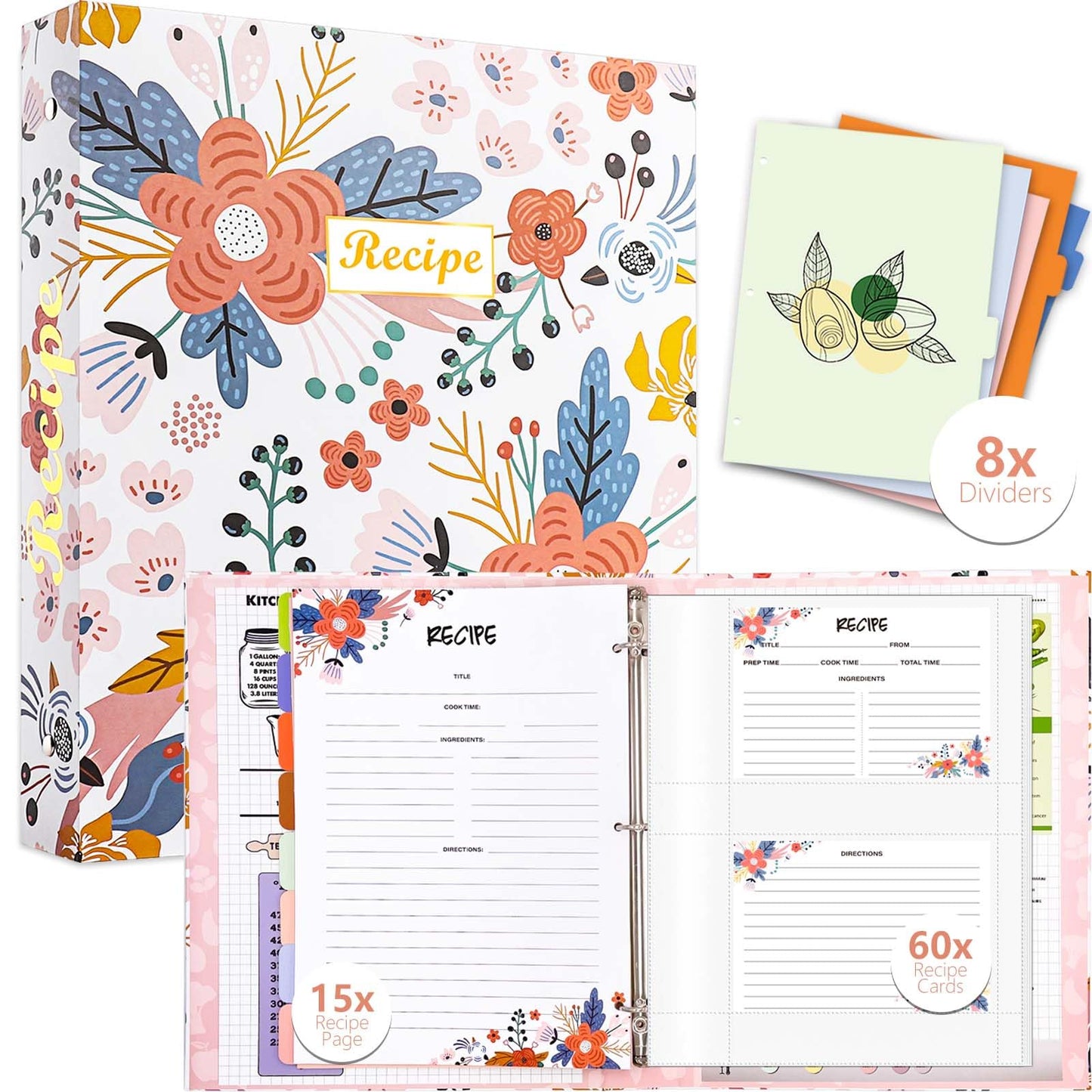 3 Ring Recipe Binder 8.5" x 11" Recipe Book Recipe Binder Kit with 60 Printed Recipe Cards 4'' x 6'', 8 Category Dividers to Write in Your Recipes, Unique Gifts for Women (White)