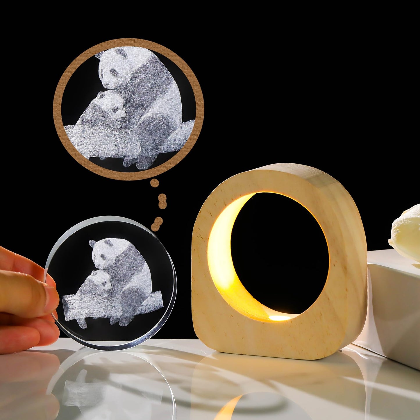 Crystal Panda Gifts for Women Wood Night Light for Home Decor, 3D Engraved Pandas Lamp Collectible Figurines Gifts for Mom Friends Panda Lovers