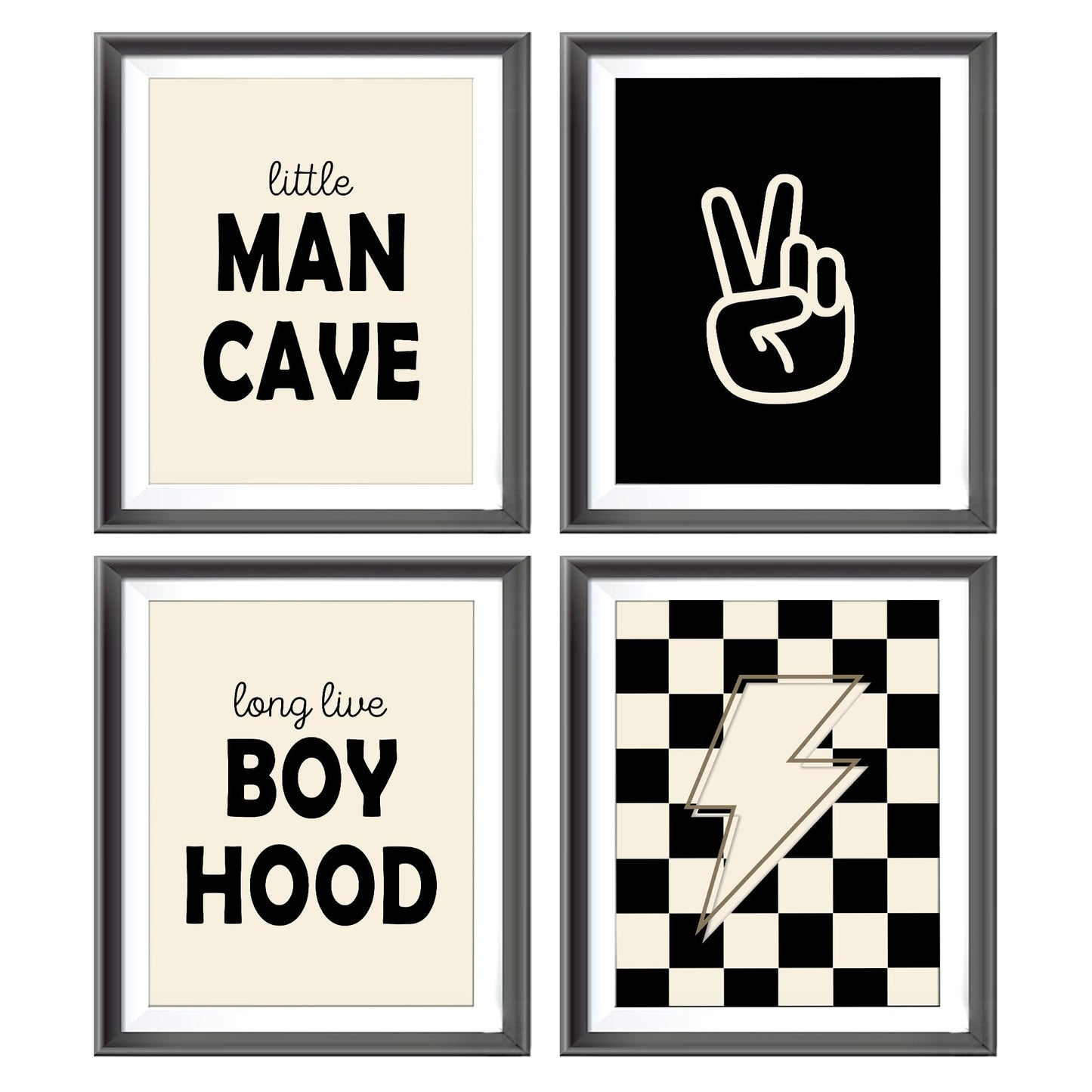 Little Man Cave Retro Preppy Checkered Lightning Peace Sign Long Live Boyhood Poster Prints for Boy Teen Room Dorm Decor, Preppy Yellowish-Black Decorations Prints Wall Art Unframed 4pcs 8x10inches